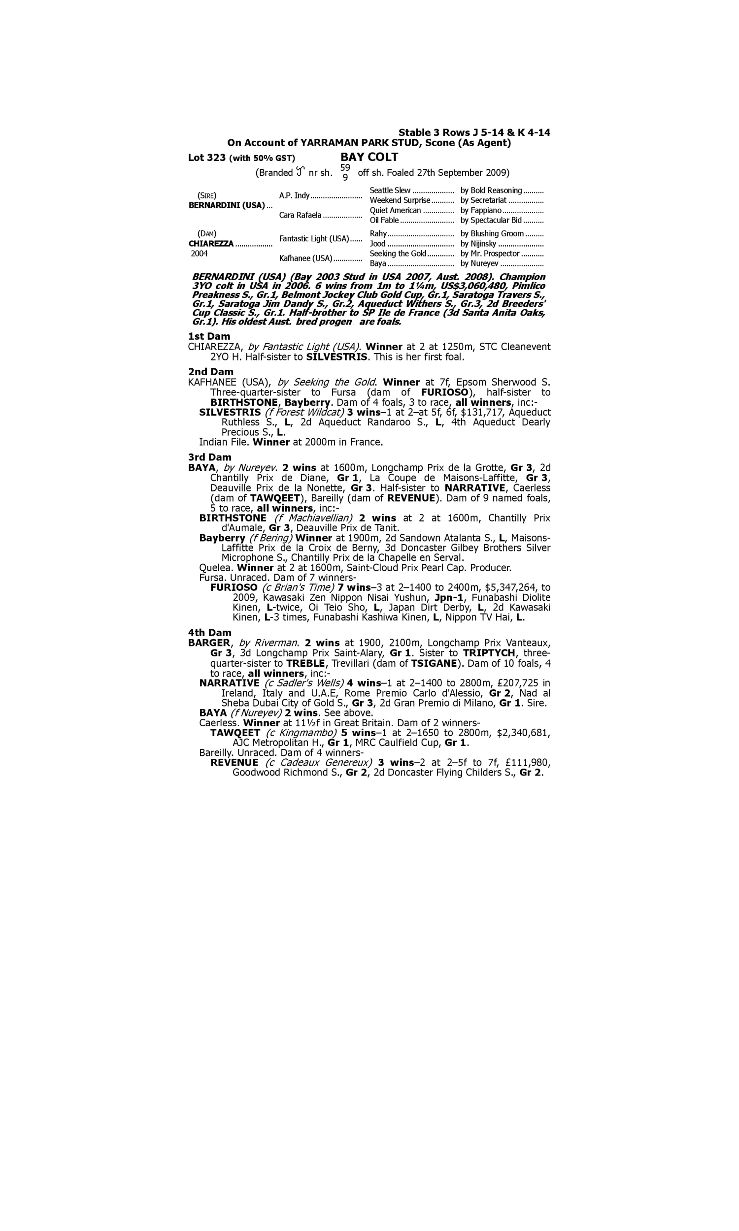 Pedigree for Lot 323 Bernardini (USA) - Chiarezza