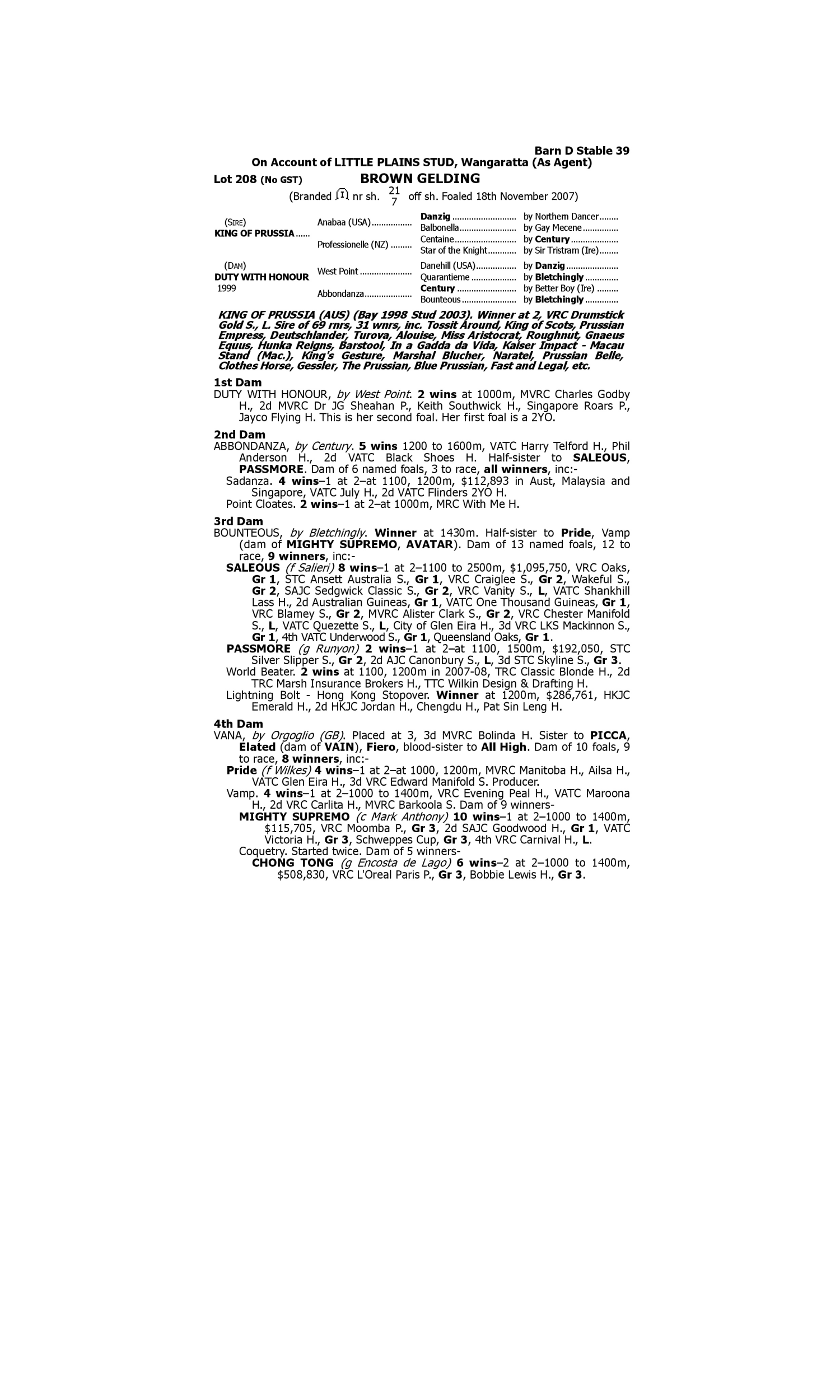 Pedigree for Lot 208 King of Prussia - Duty With Honour