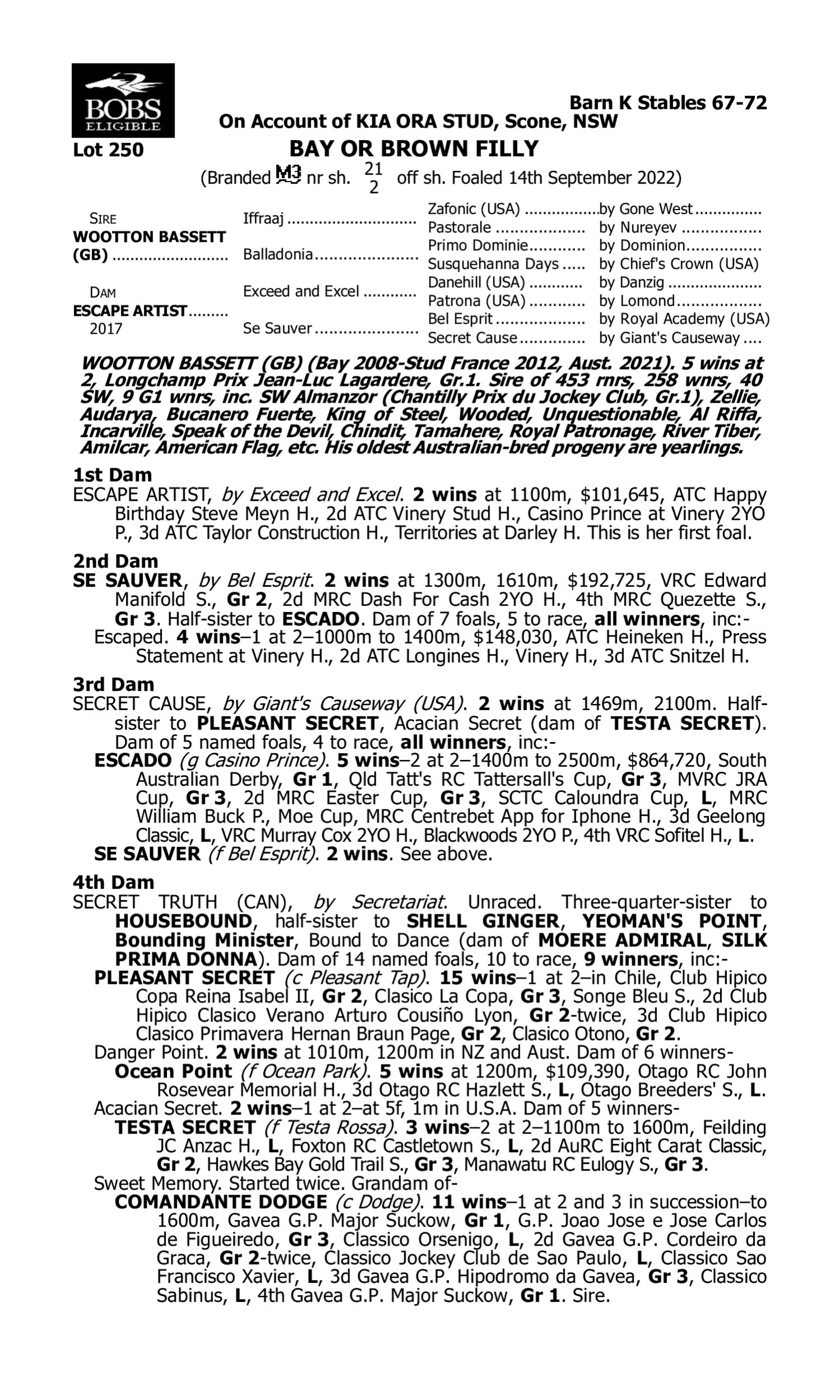 Pedigree for Lot 250 Wootton Bassett (GB) - Escape Artist