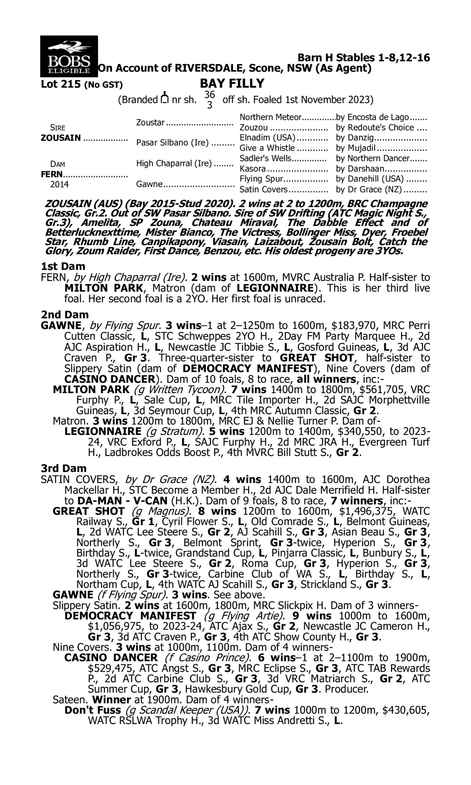 Pedigree for Lot 215 Zousain - Fern