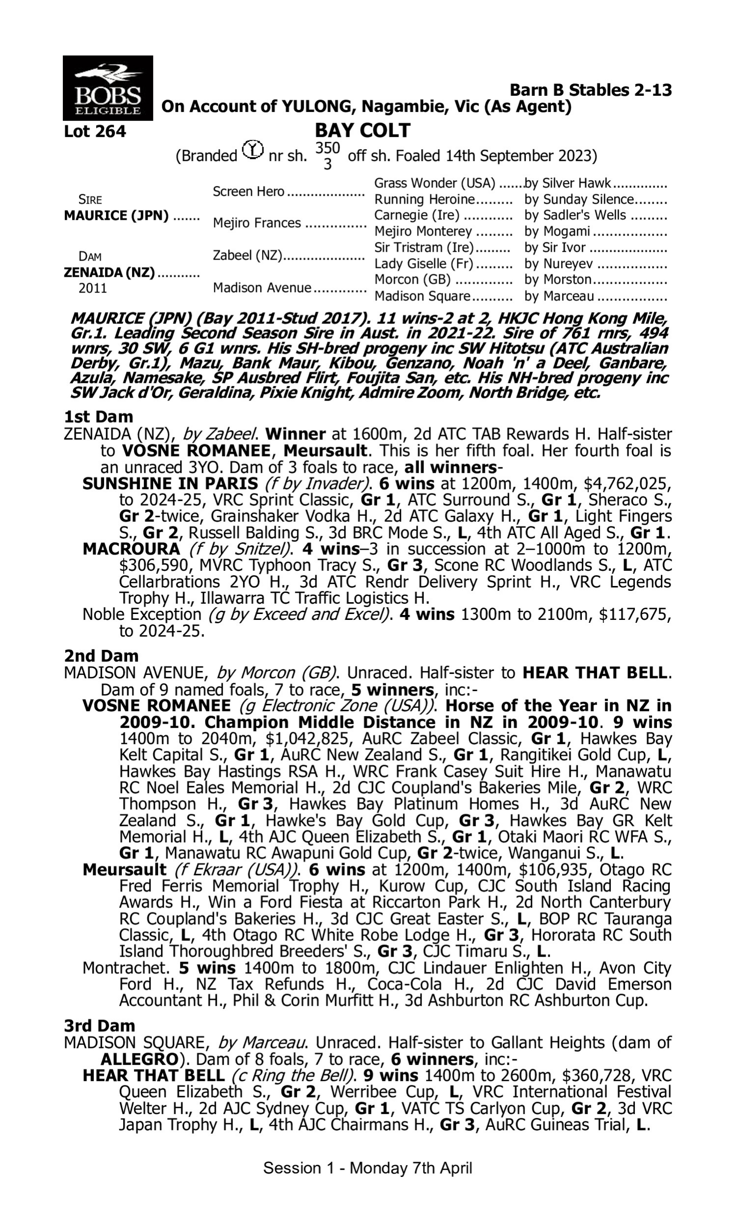 Pedigree for Lot 264 Maurice (JPN) - Zenaida (NZ)