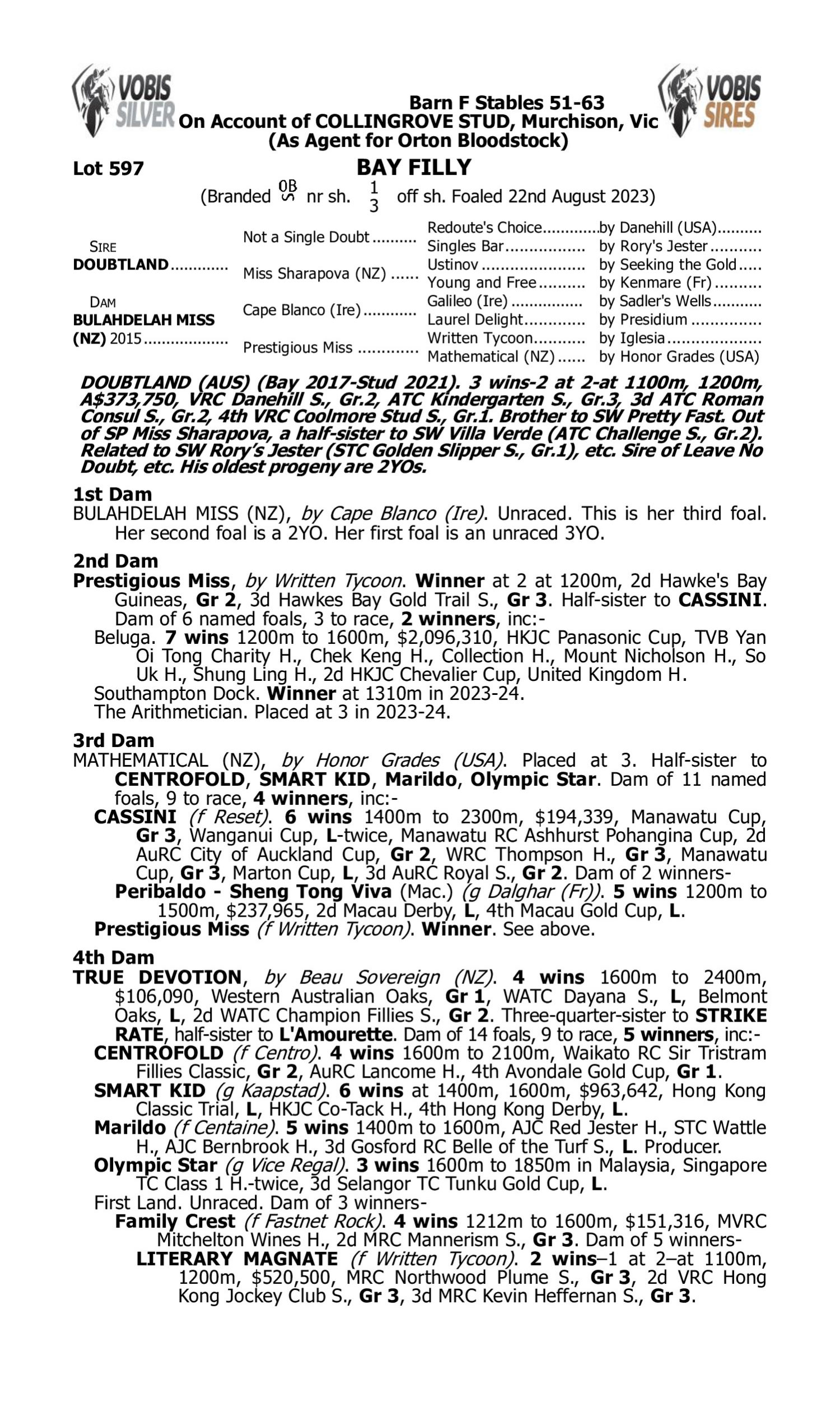 Pedigree for Lot 597 Doubtland - Bulahdelah Miss (NZ)