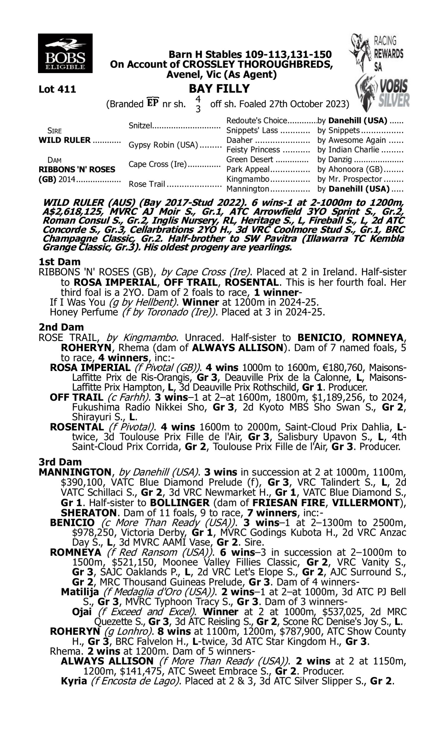 Pedigree for Lot 411 Wild Ruler - Ribbons 'n' Roses (GB)