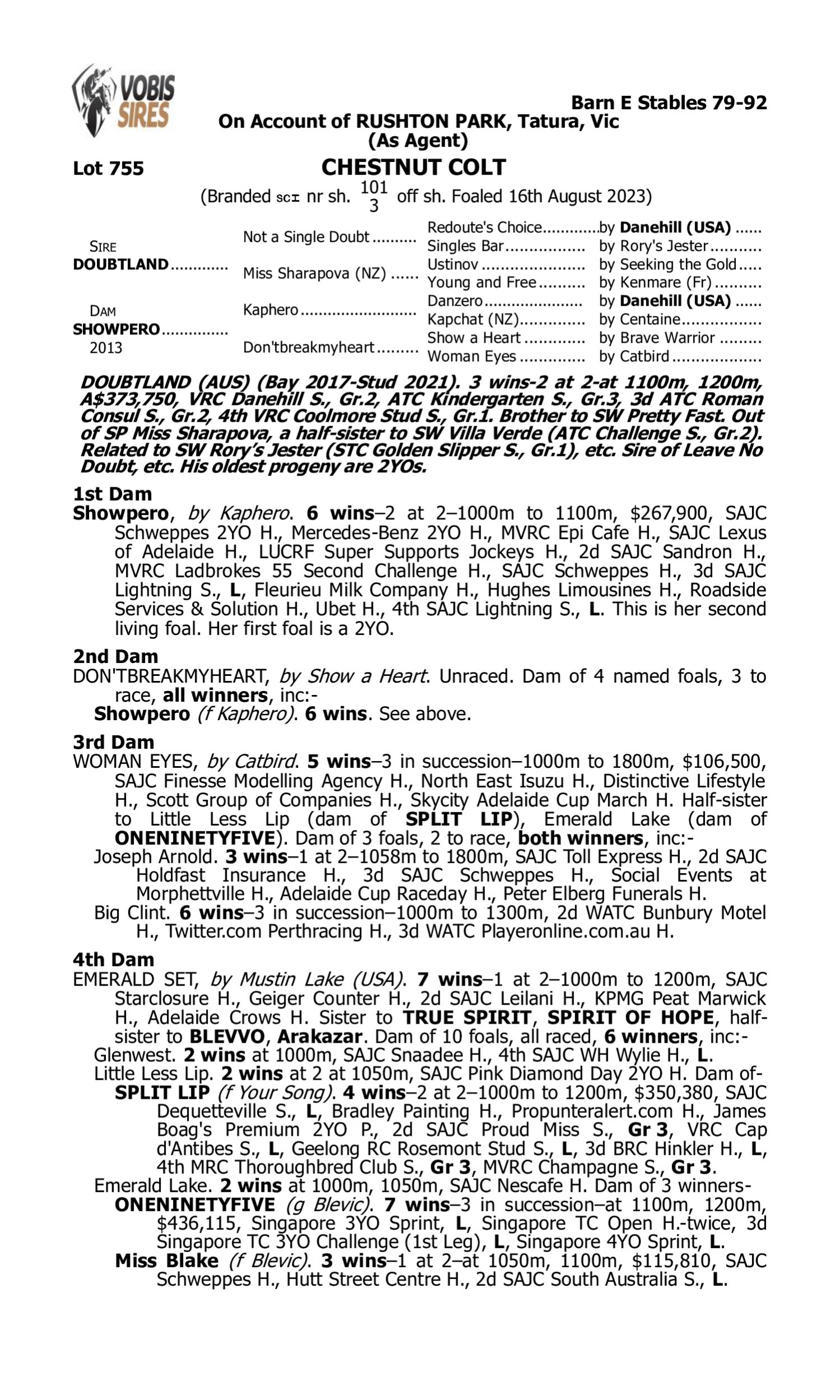 Pedigree for Lot 755 Doubtland - Showpero