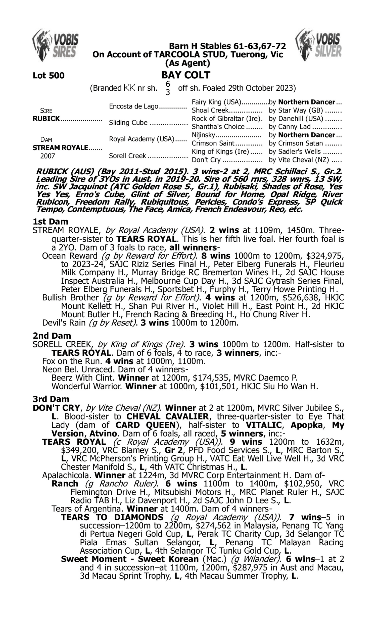 Pedigree for Lot 500 Rubick - Stream Royale