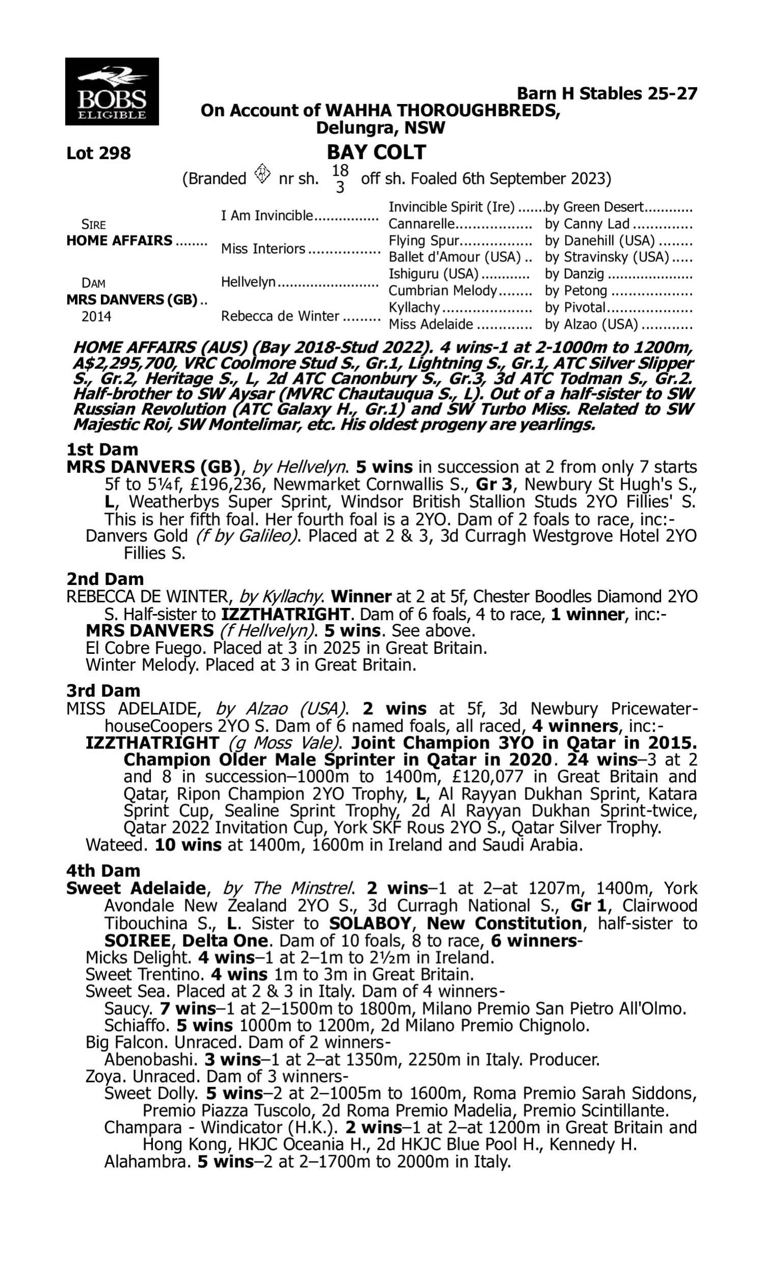 Pedigree for Lot 298 Home Affairs - Mrs Danvers (GB)