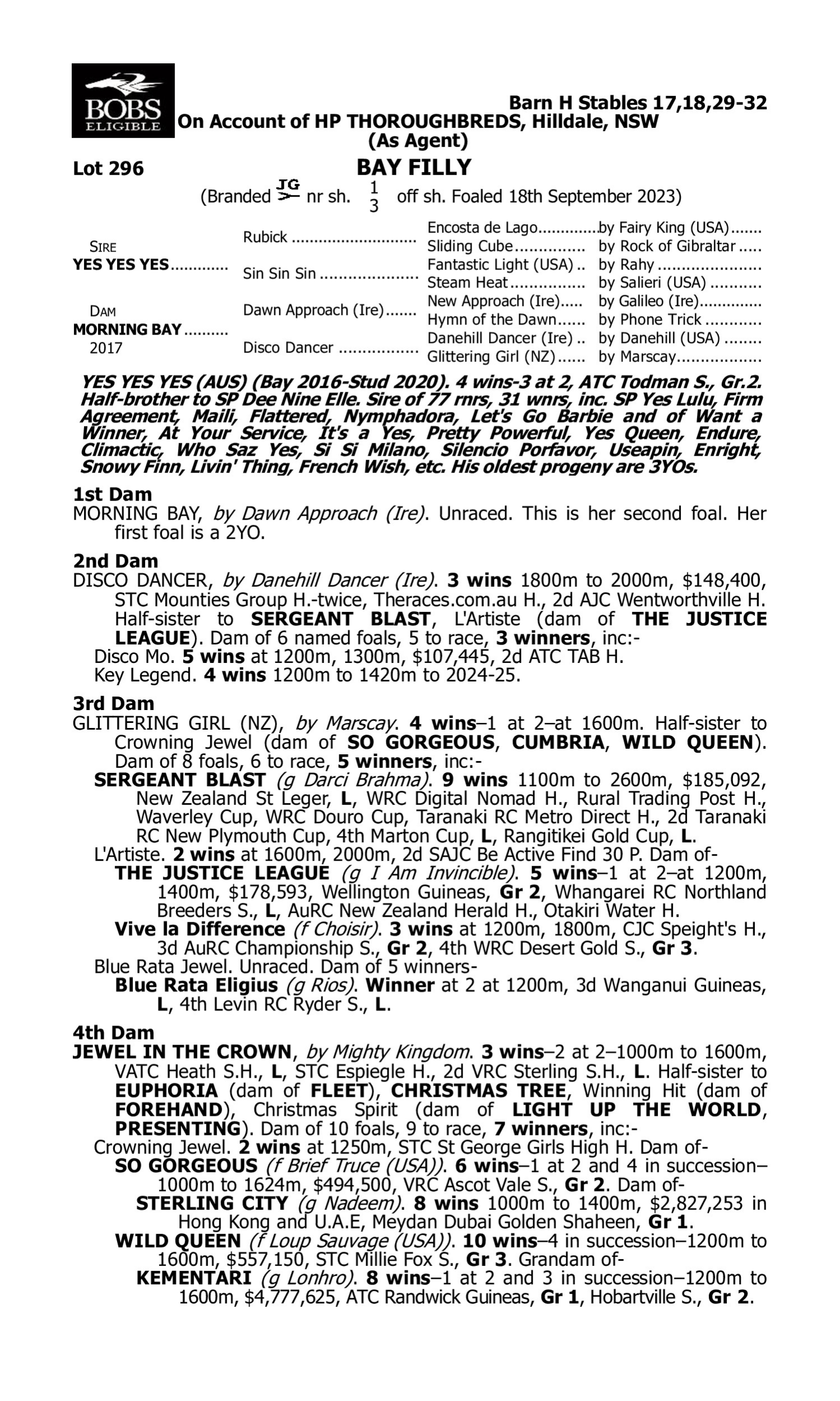 Pedigree for Lot 296 Yes Yes Yes - Morning Bay
