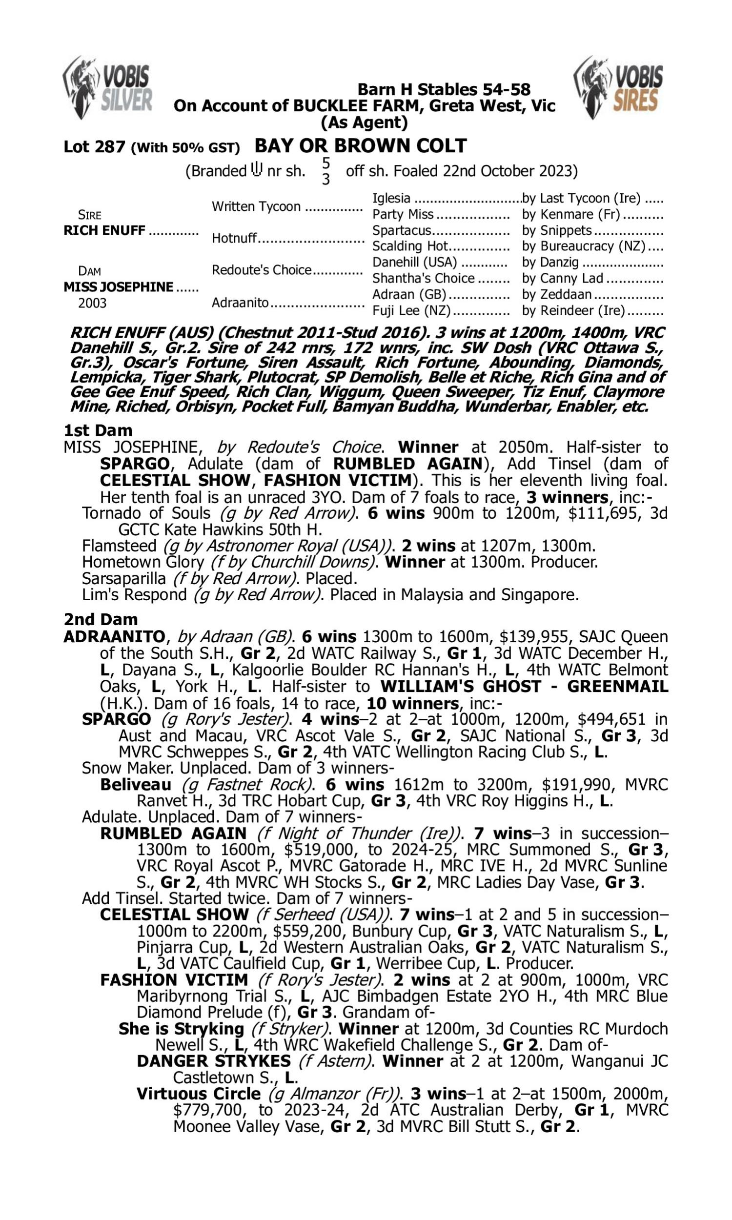 Pedigree for Lot 287 Rich Enuff - Miss Josephine