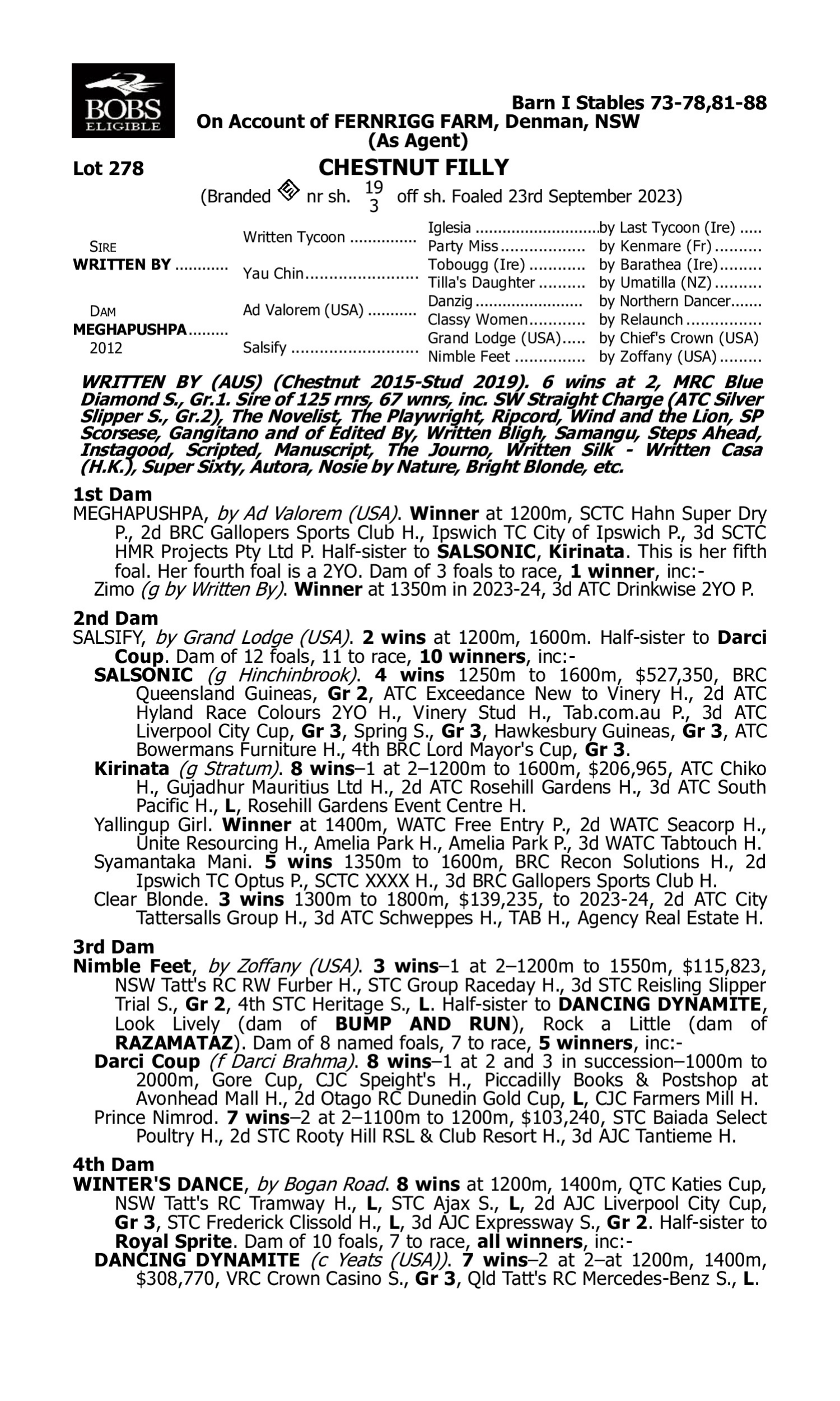 Pedigree for Lot 278 Written By - Meghapushpa