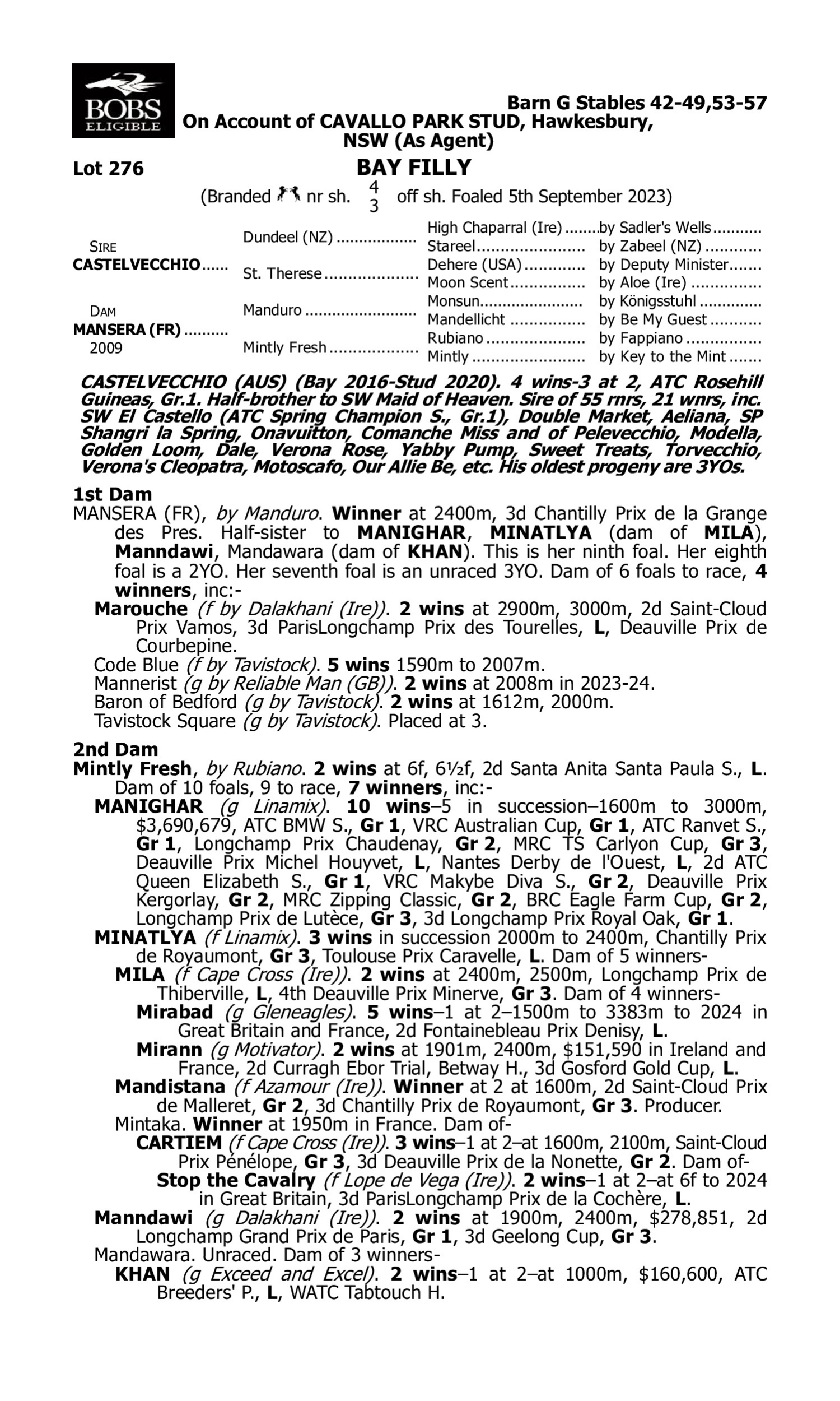 Pedigree for Lot 276 Castelvecchio - Mansera (FR)
