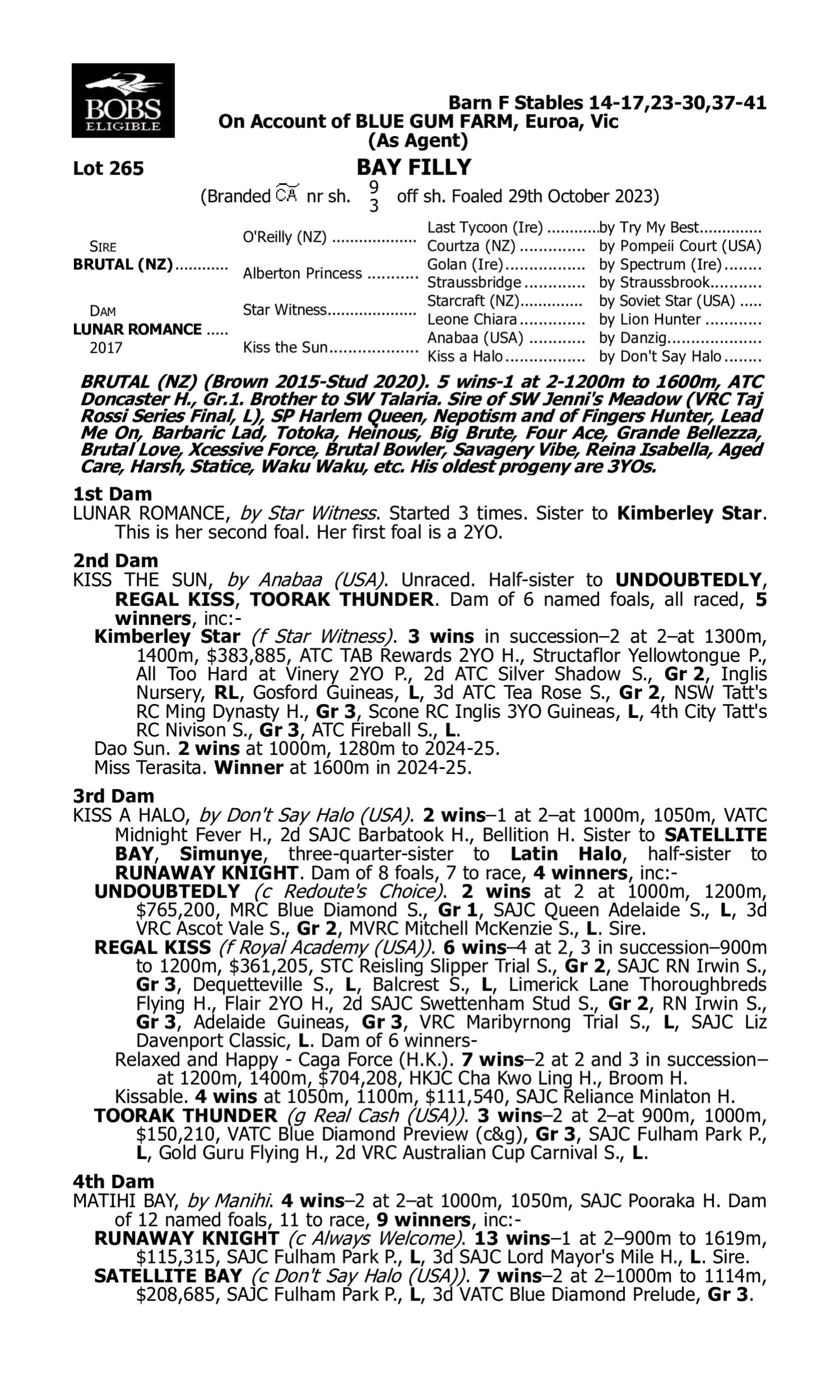 Pedigree for Lot 265 Brutal (NZ) - Lunar Romance