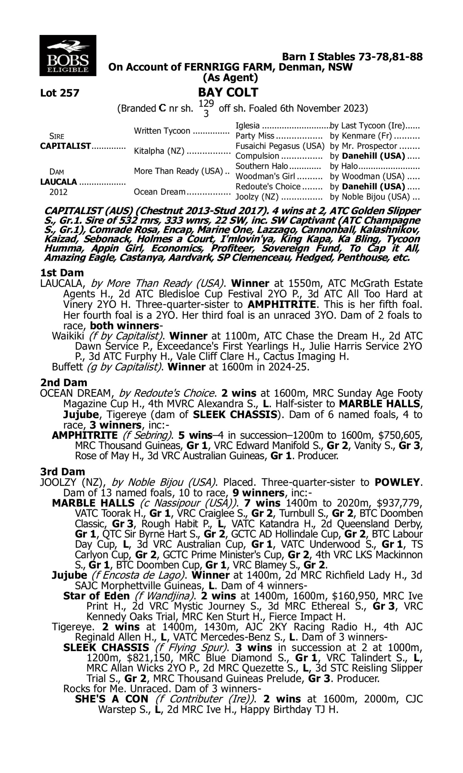 Pedigree for Lot 257 Capitalist - Laucala