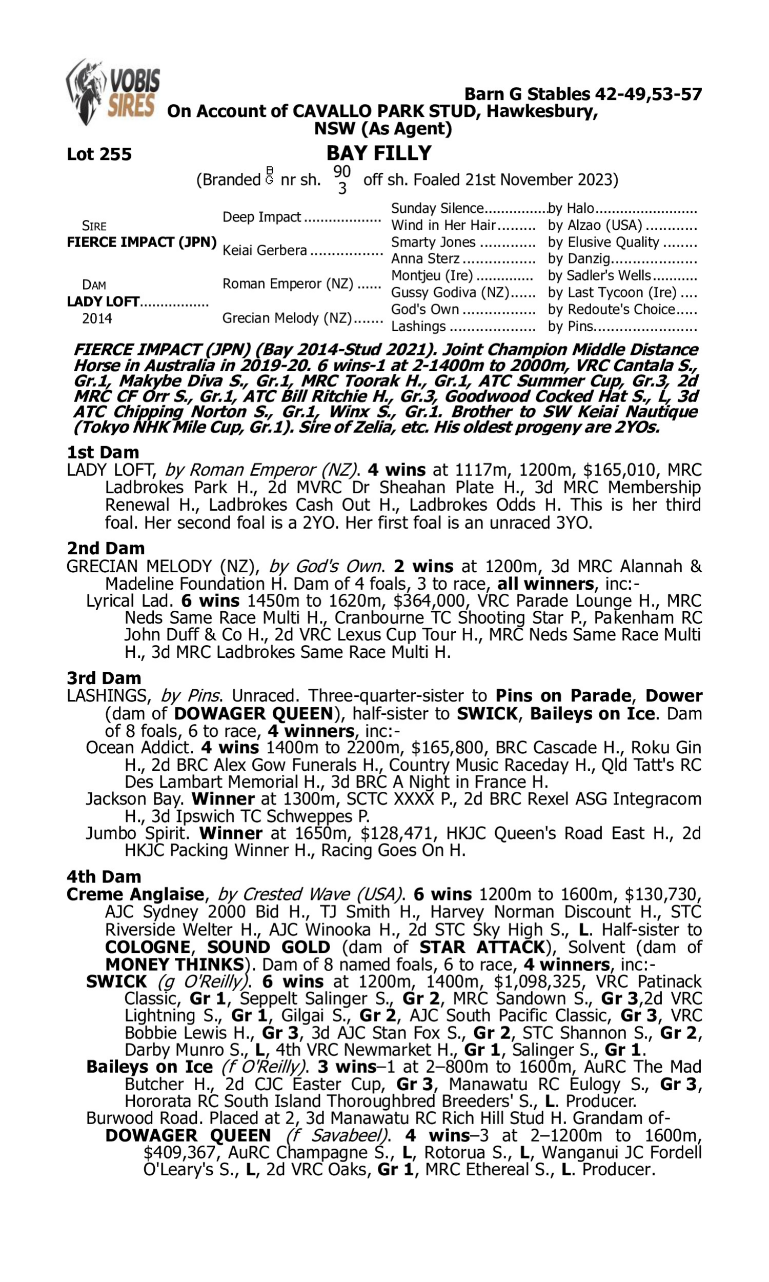 Pedigree for Lot 255 Fierce Impact (JPN) - Lady Loft