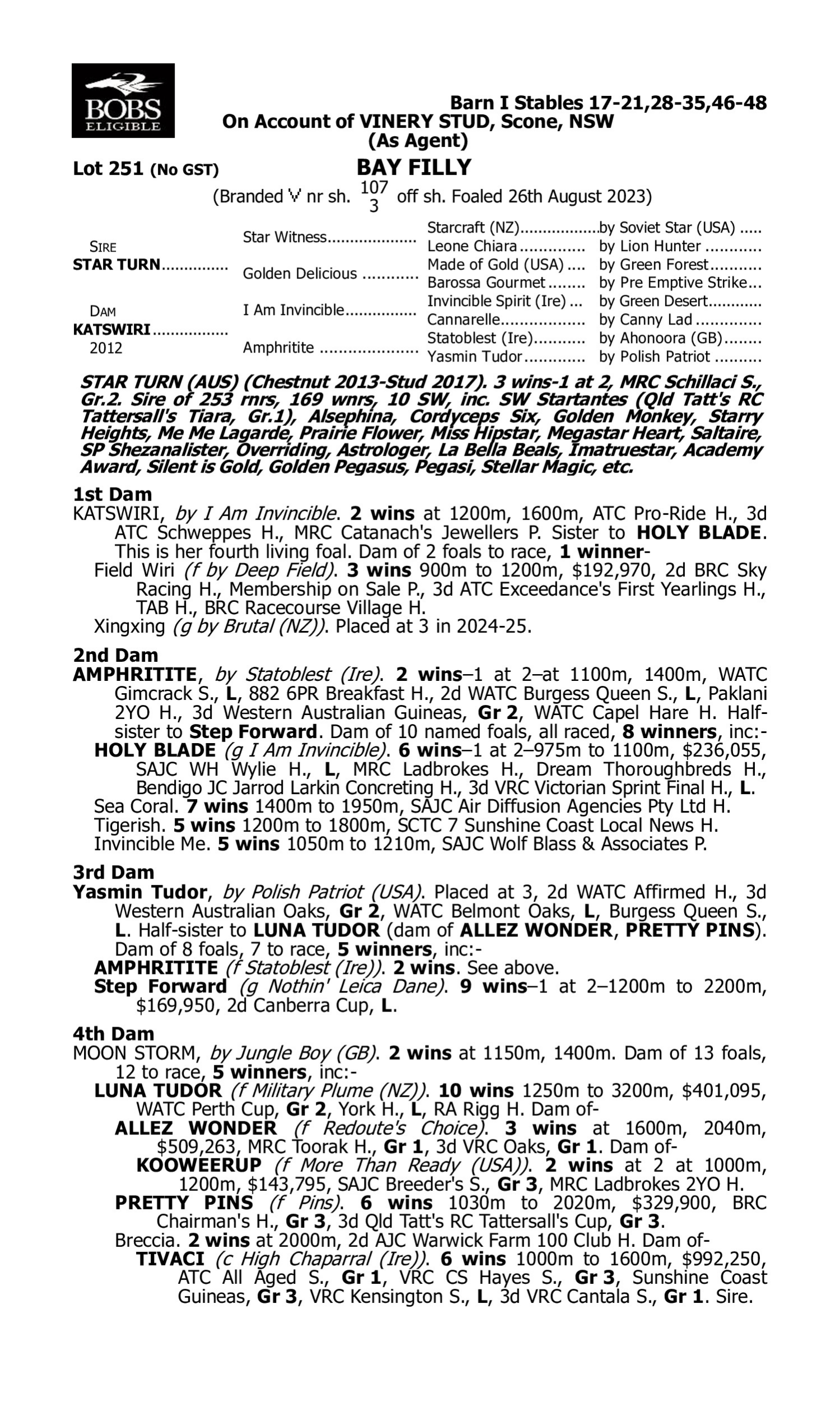 Pedigree for Lot 251 Star Turn - Katswiri