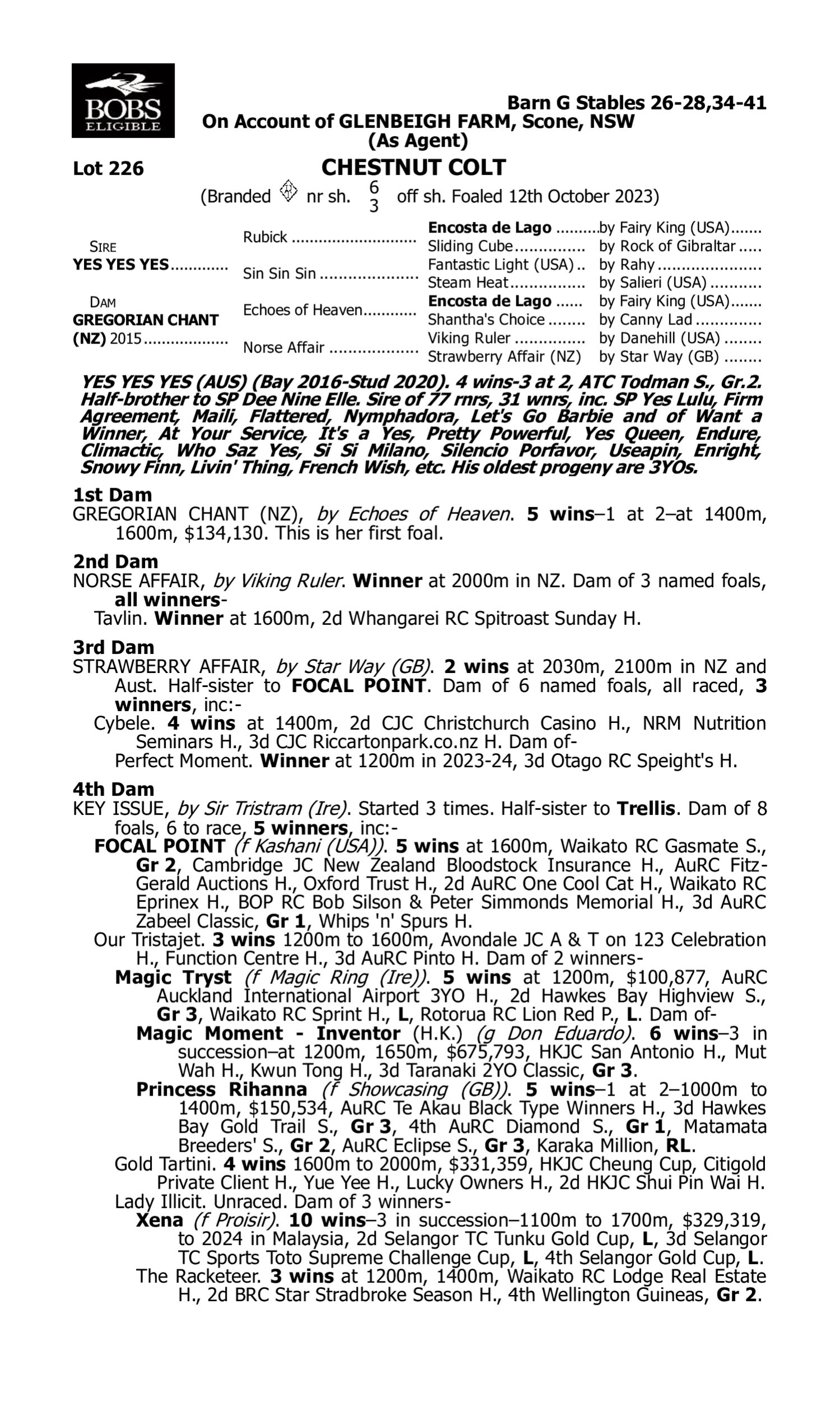 Pedigree for Lot 226 Yes Yes Yes - Gregorian Chant (NZ)