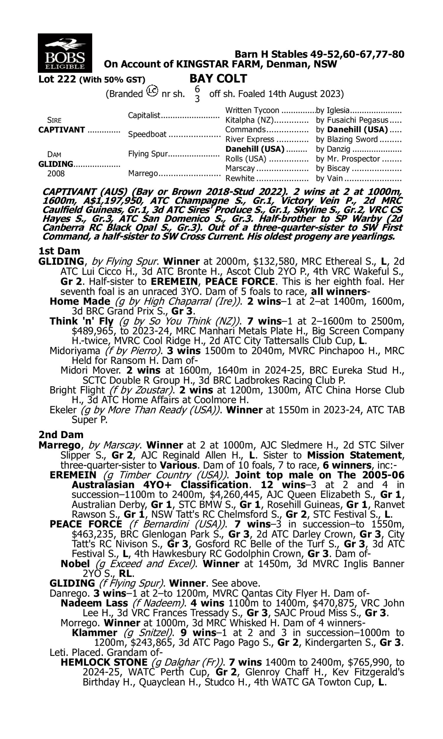 Pedigree for Lot 222 Captivant - Gliding