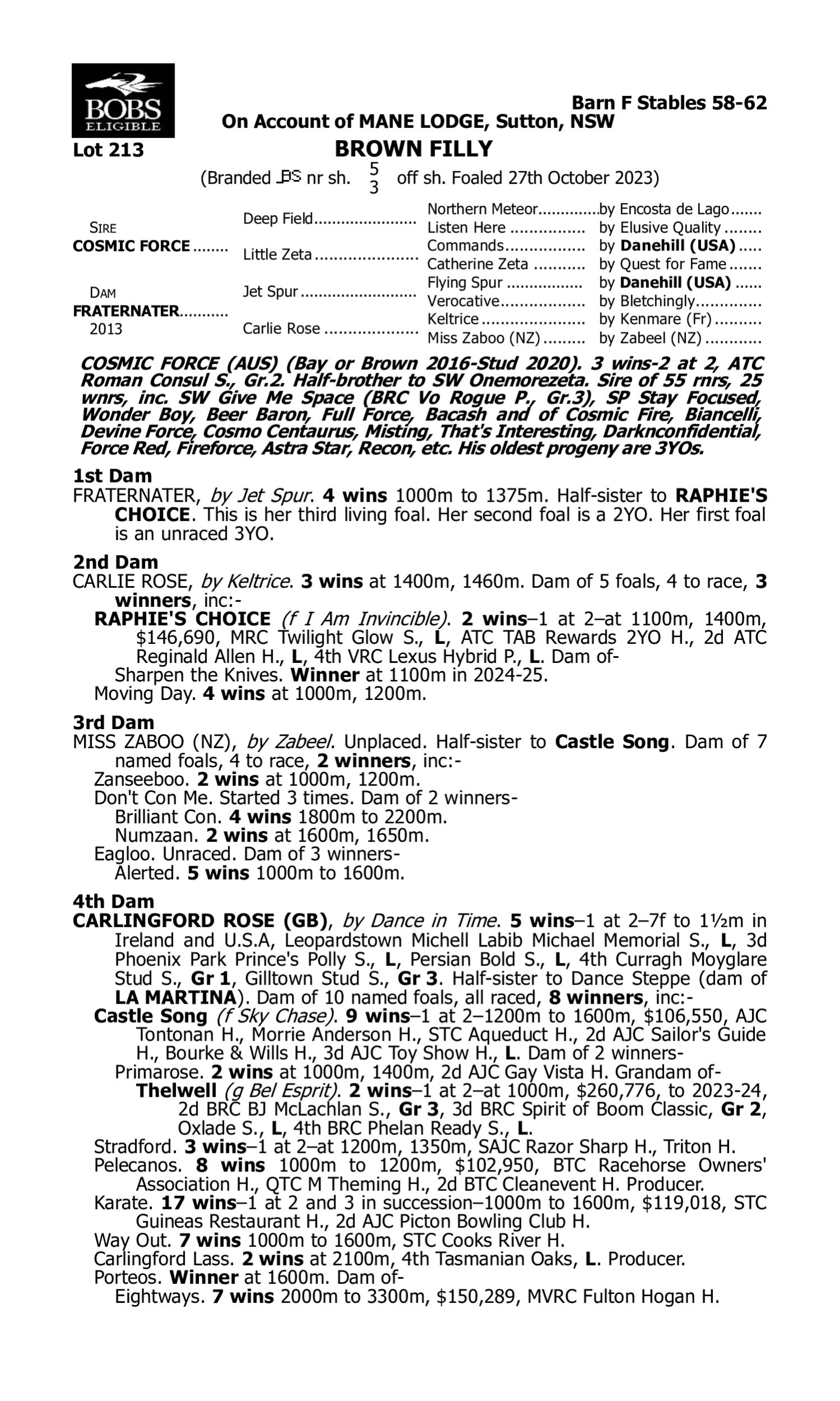 Pedigree for Lot 213 Cosmic Force - Fraternater