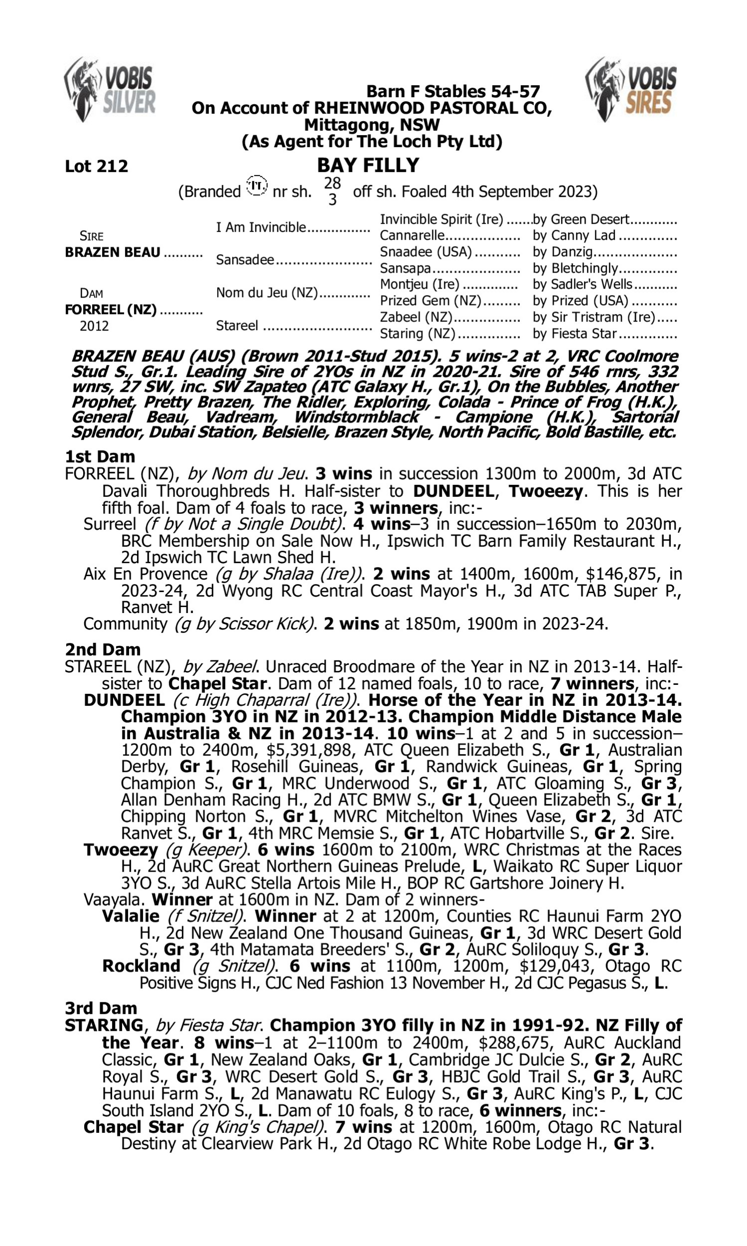 Pedigree for Lot 212 Brazen Beau - Forreel (NZ)