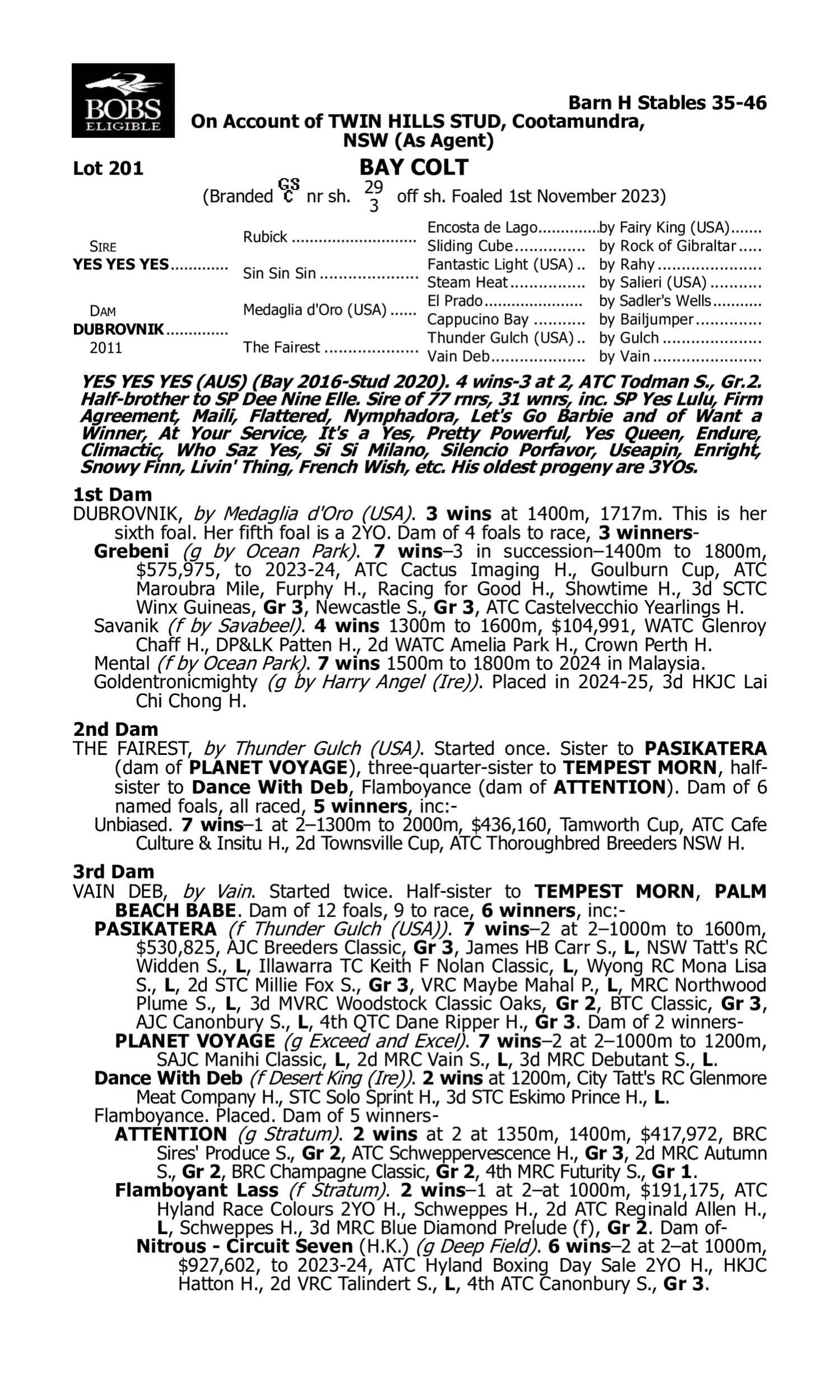 Pedigree for Lot 201 Yes Yes Yes - Dubrovnik