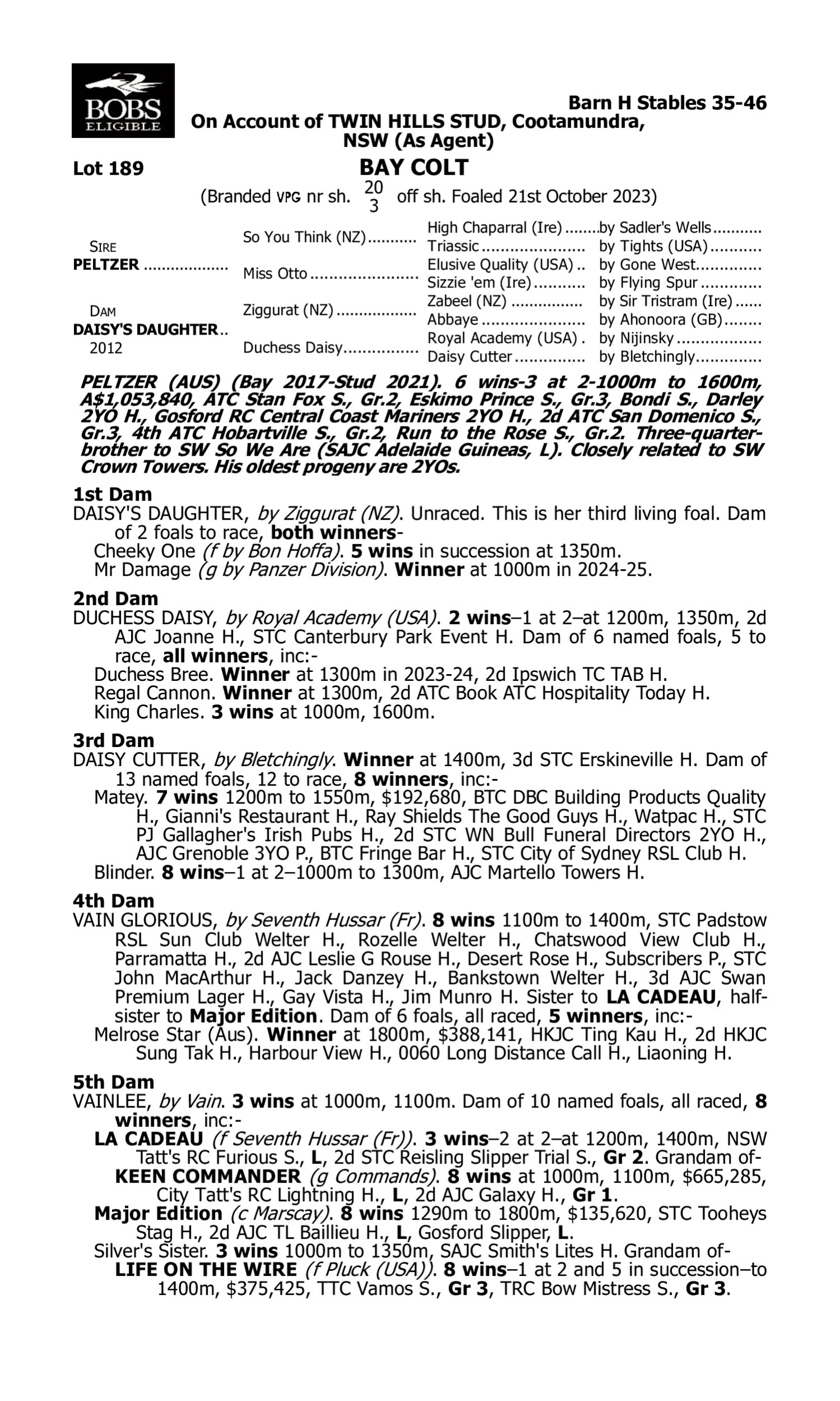 Pedigree for Lot 189 Peltzer - Daisy's Daughter