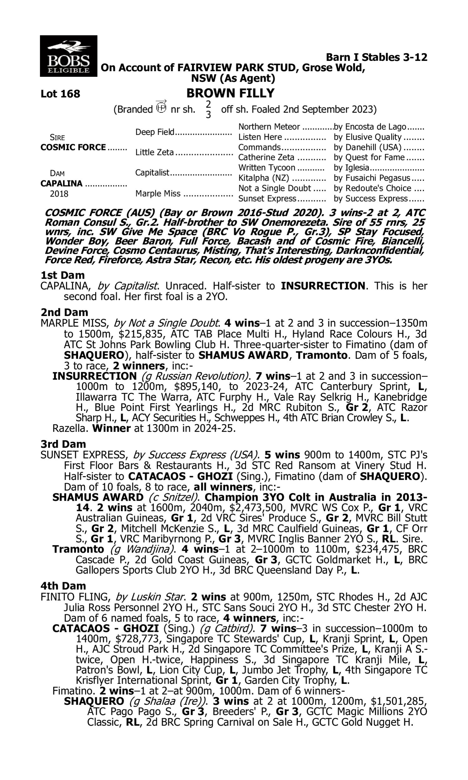 Pedigree for Lot 168 Cosmic Force - Capalina
