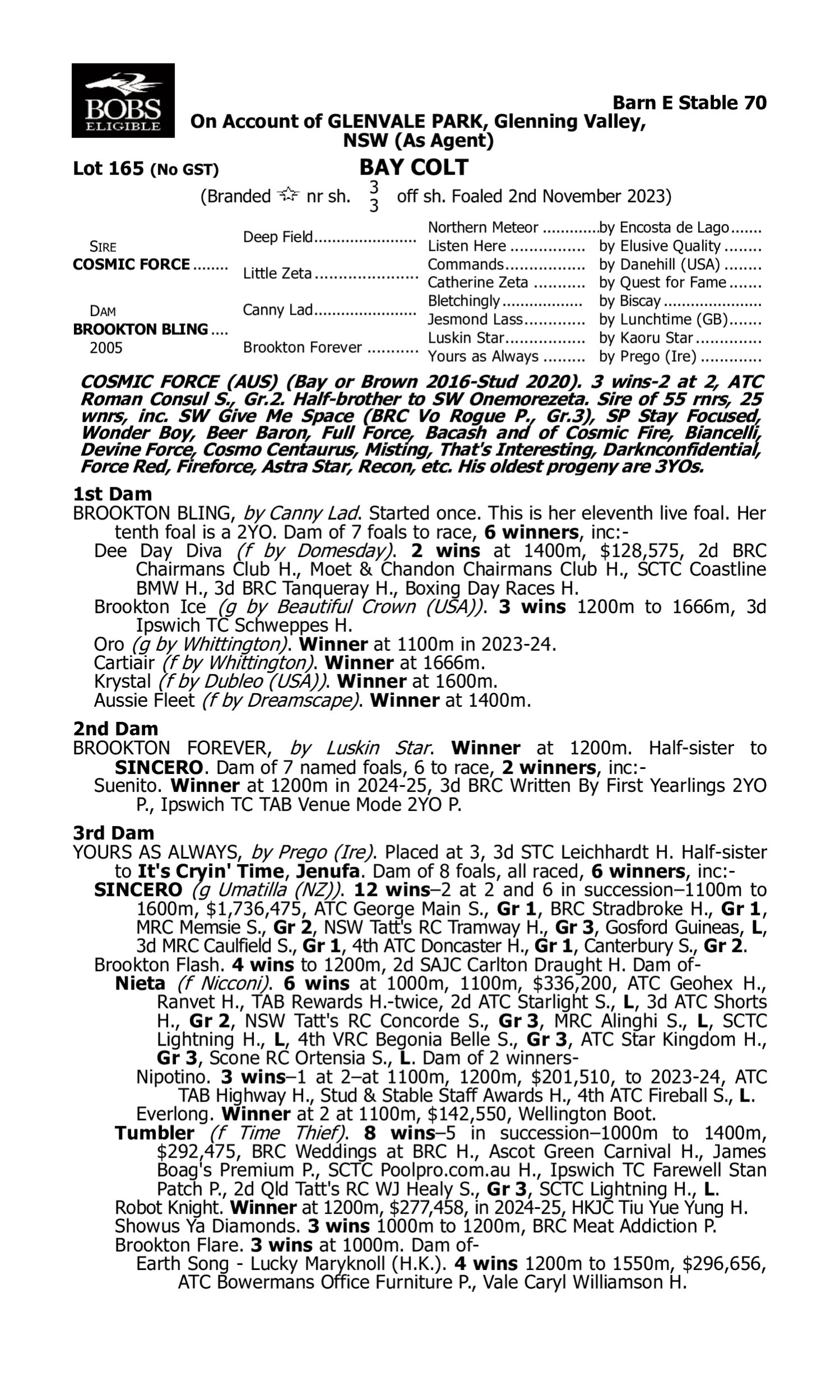 Pedigree for Lot 165 Cosmic Force - Brookton Bling