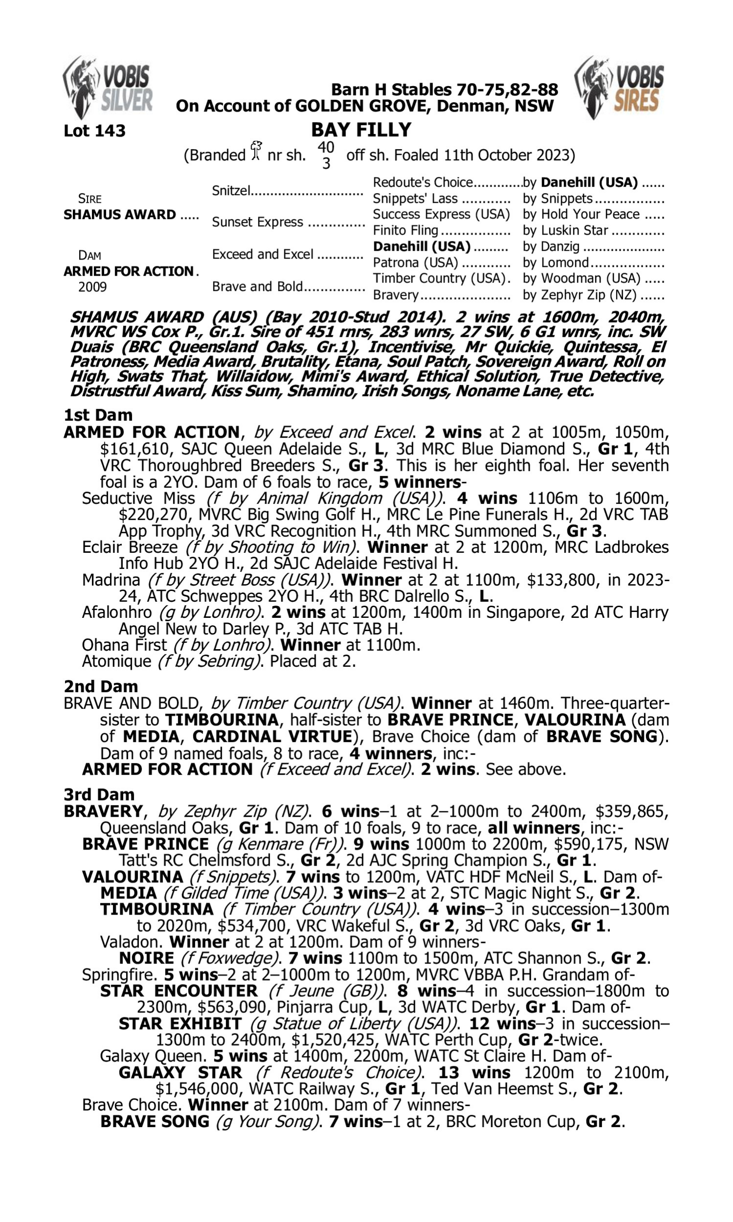 Pedigree for Lot 143 Shamus Award - Armed for Action