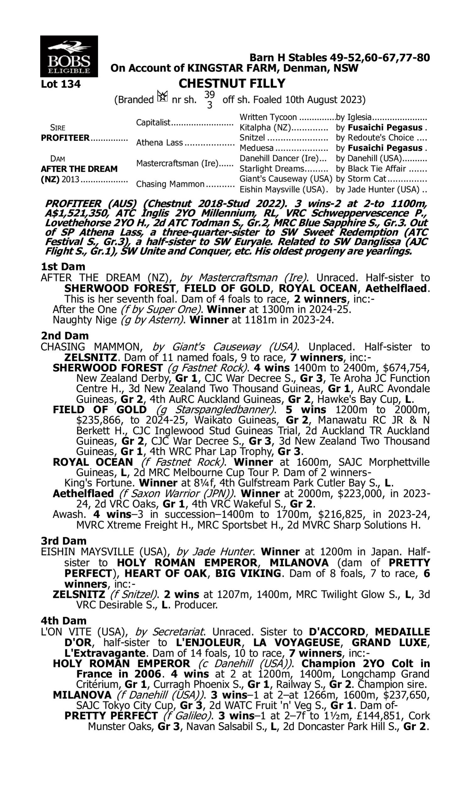 Pedigree for Lot 134 Profiteer - After the Dream (NZ)