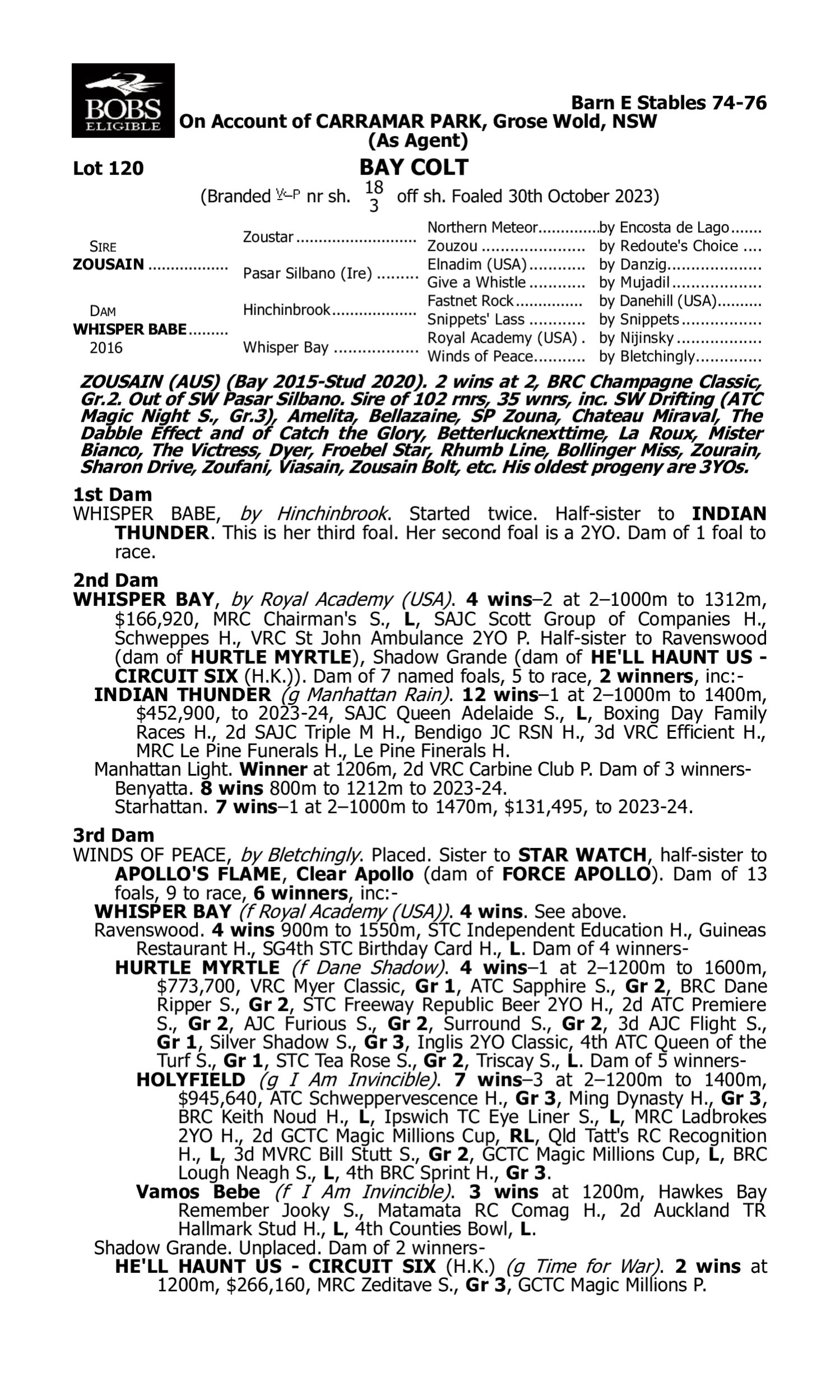 Pedigree for Lot 120 Zousain - Whisper Babe