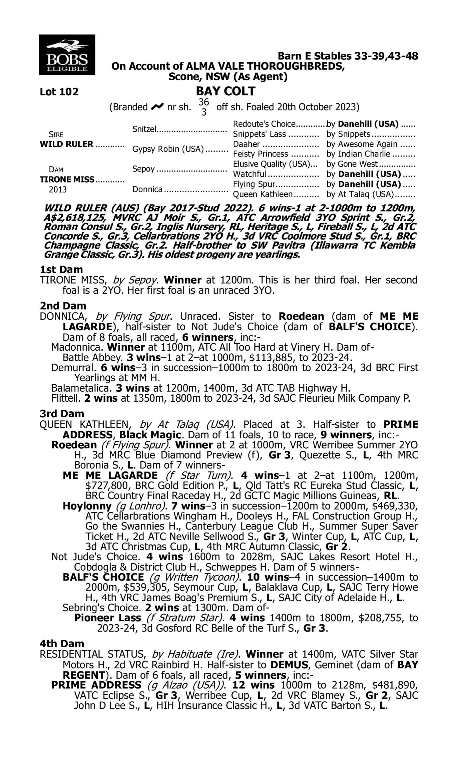 Pedigree for Lot 102 Wild Ruler - Tirone Miss