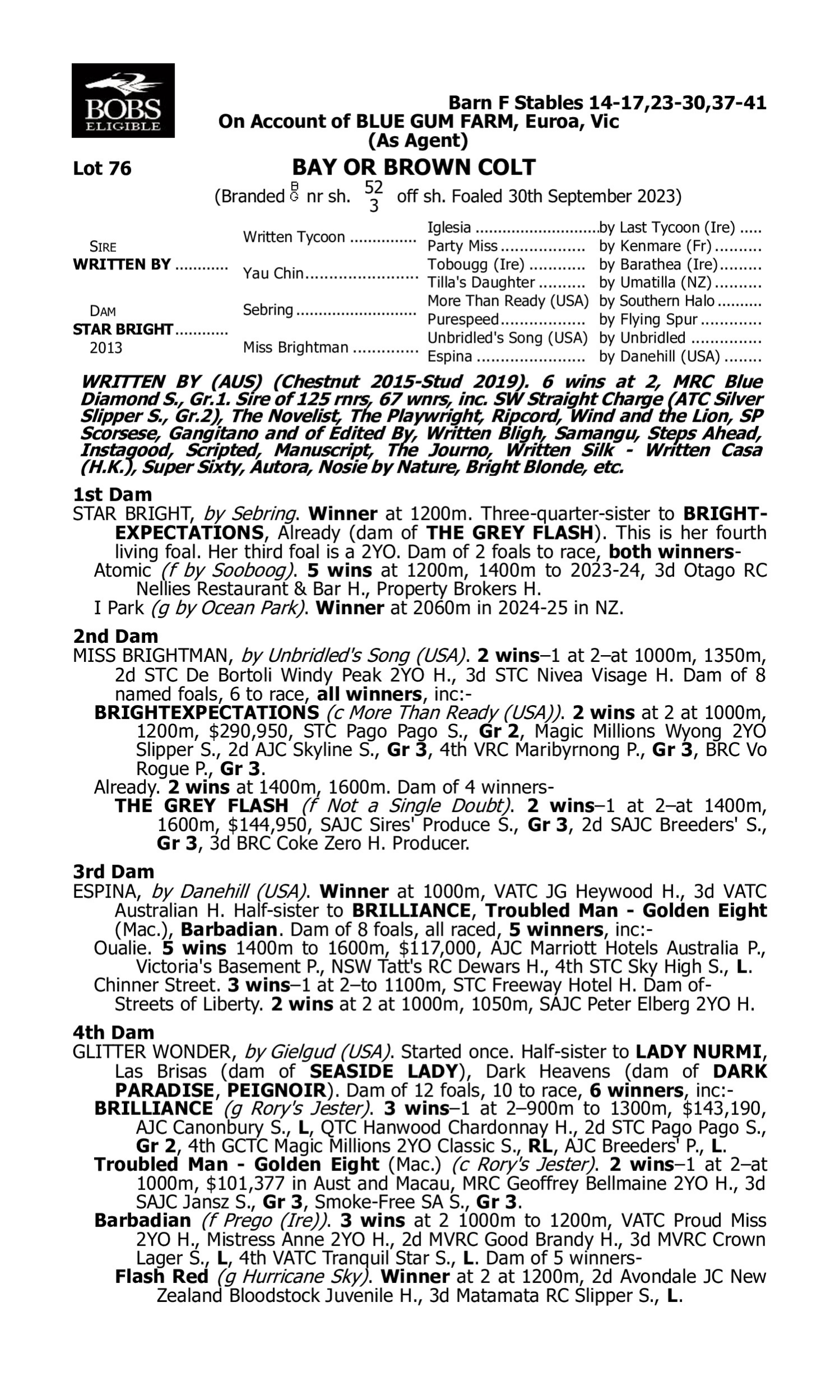 Pedigree for Lot 76 Written By - Star Bright