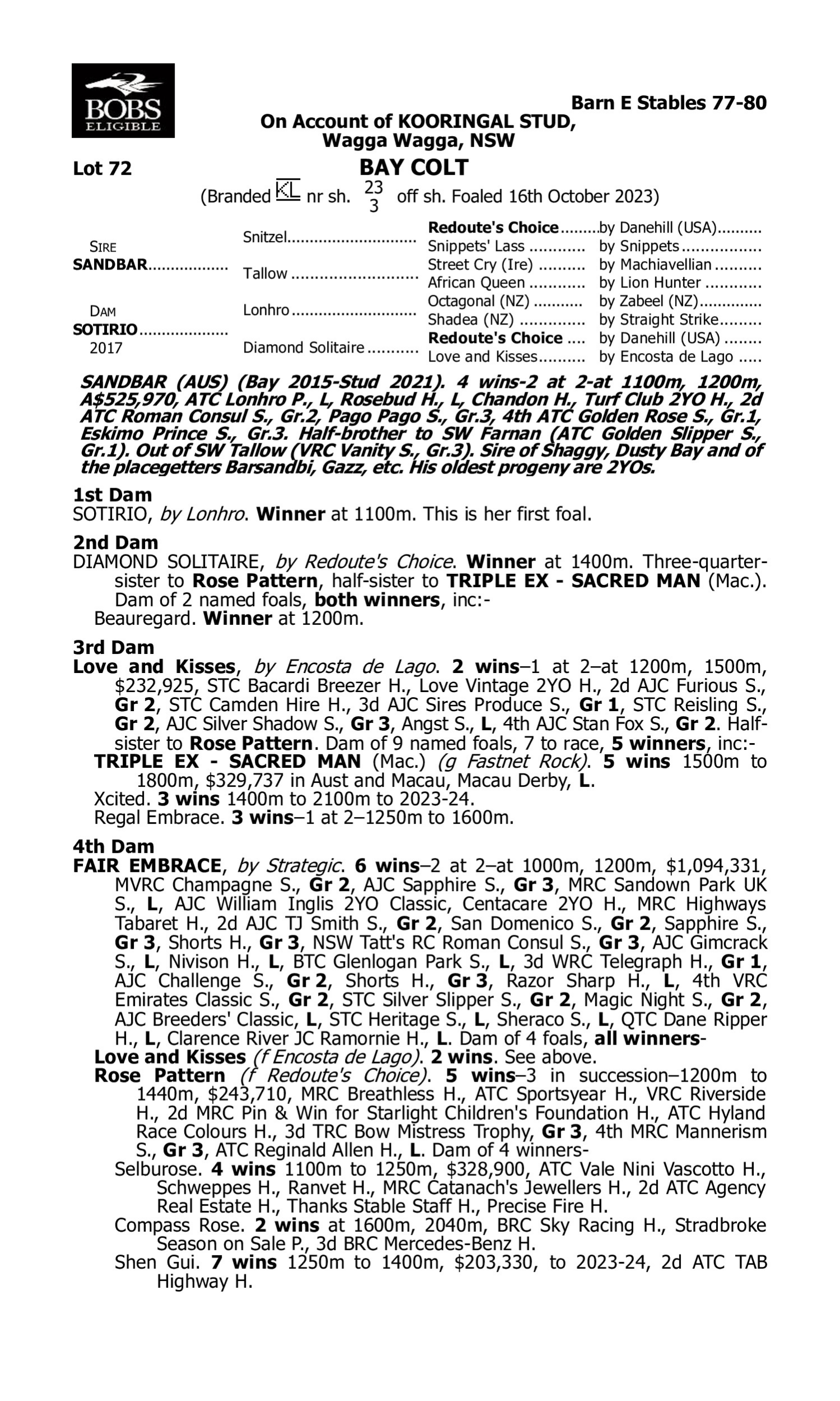 Pedigree for Lot 72 Sandbar - Sotirio