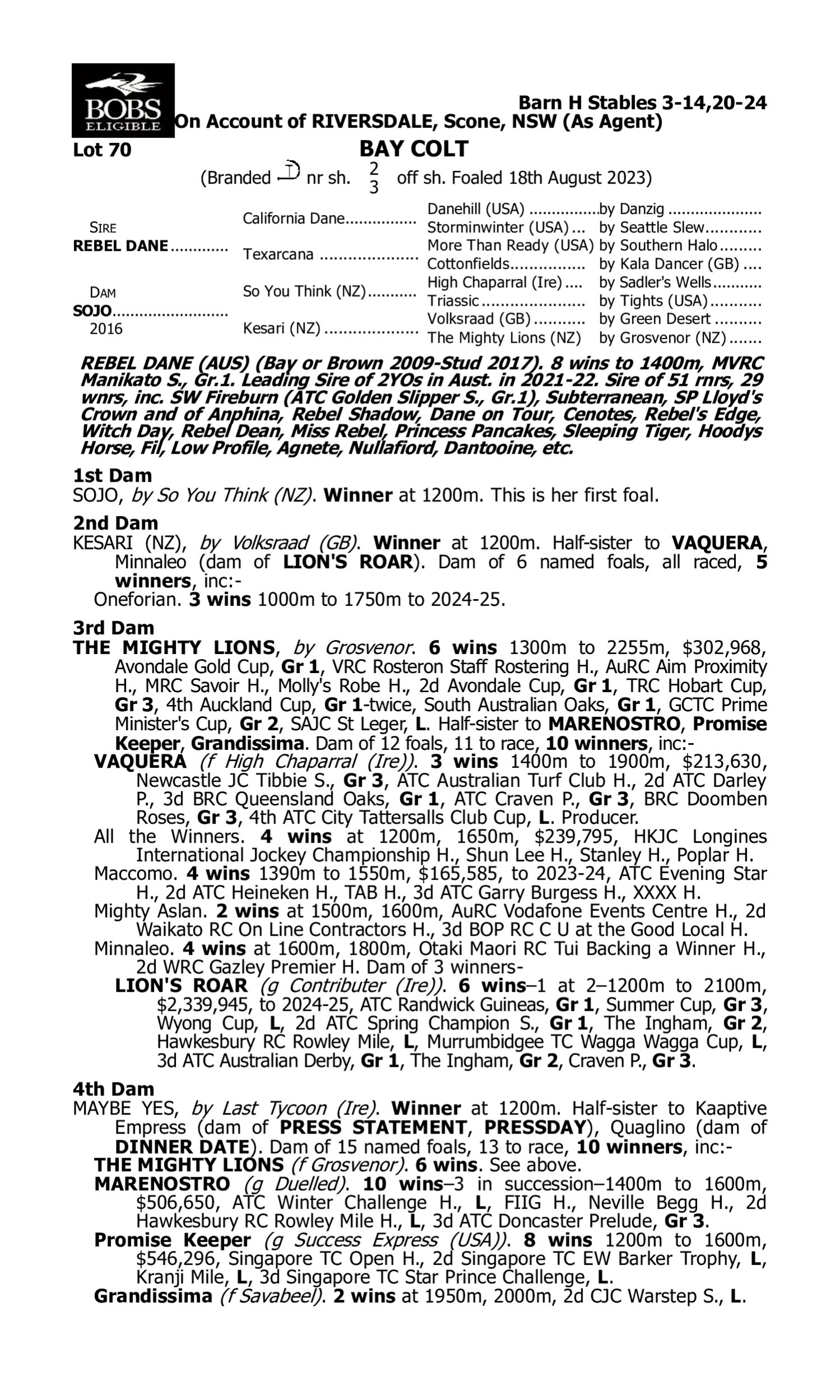 Pedigree for Lot 70 Rebel Dane - Sojo