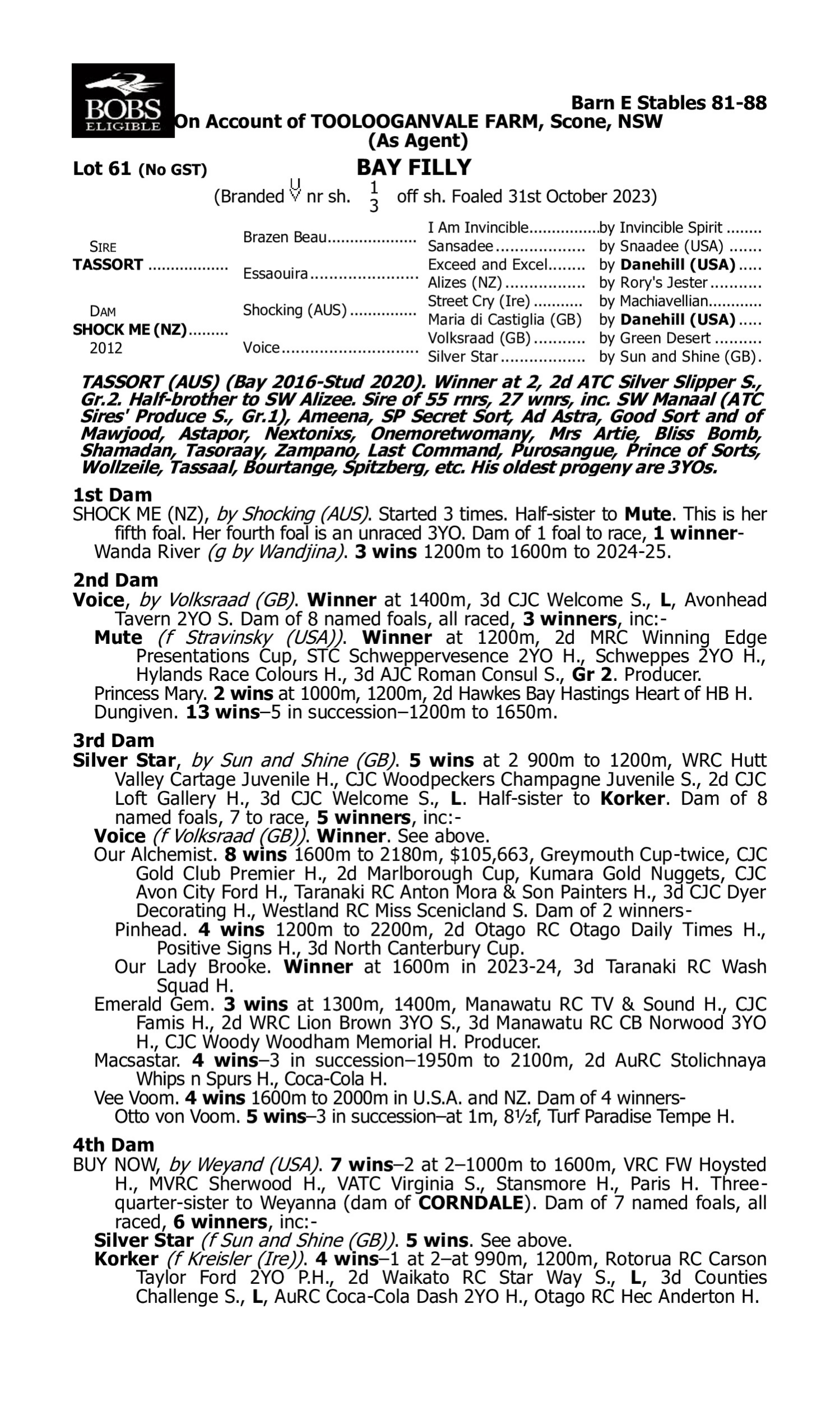 Pedigree for Lot 61 Tassort - Shock Me (NZ)