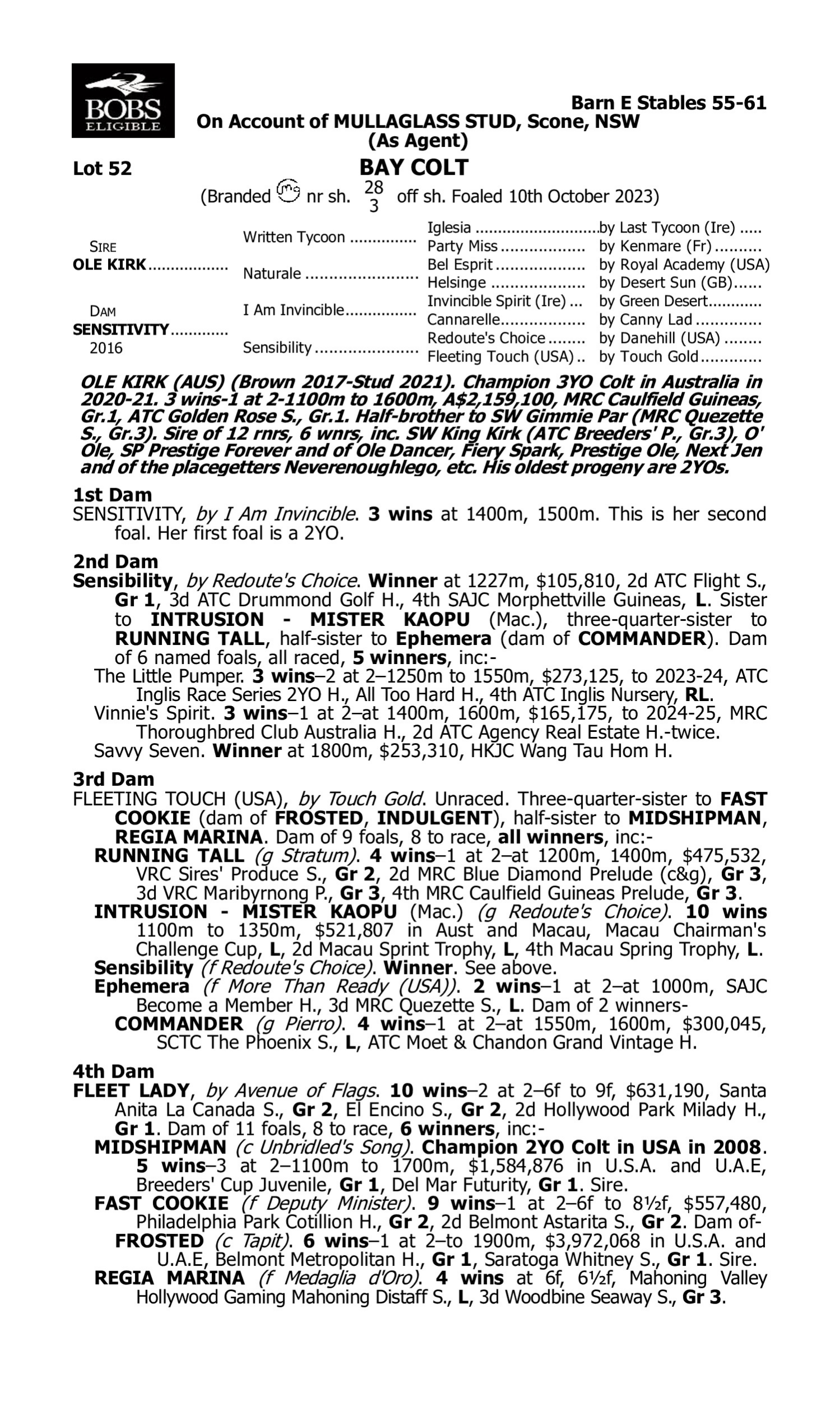 Pedigree for Lot 52 Ole Kirk - Sensitivity