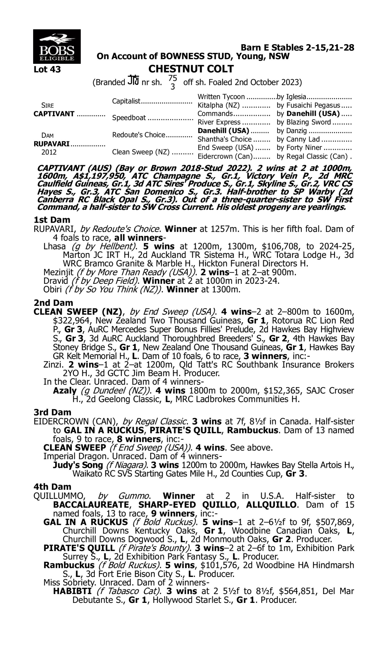 Pedigree for Lot 43 Captivant - Rupavari