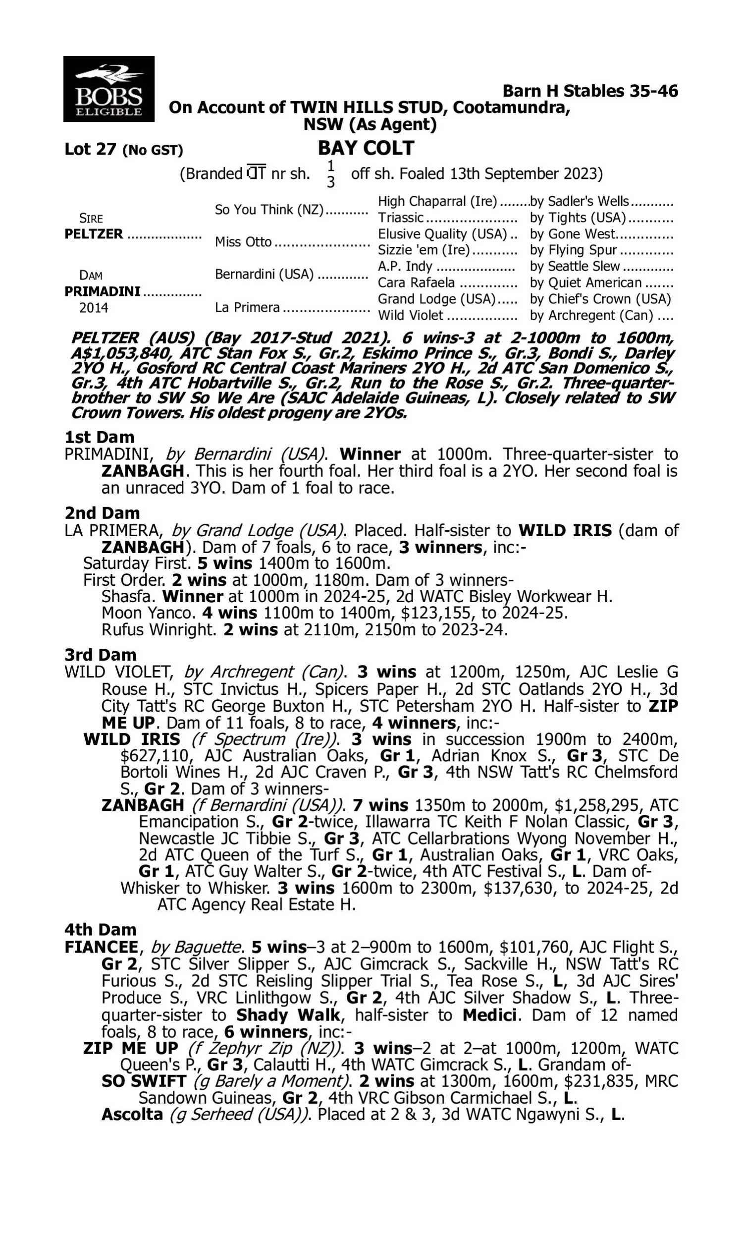 Pedigree for Lot 27 Peltzer - Primadini