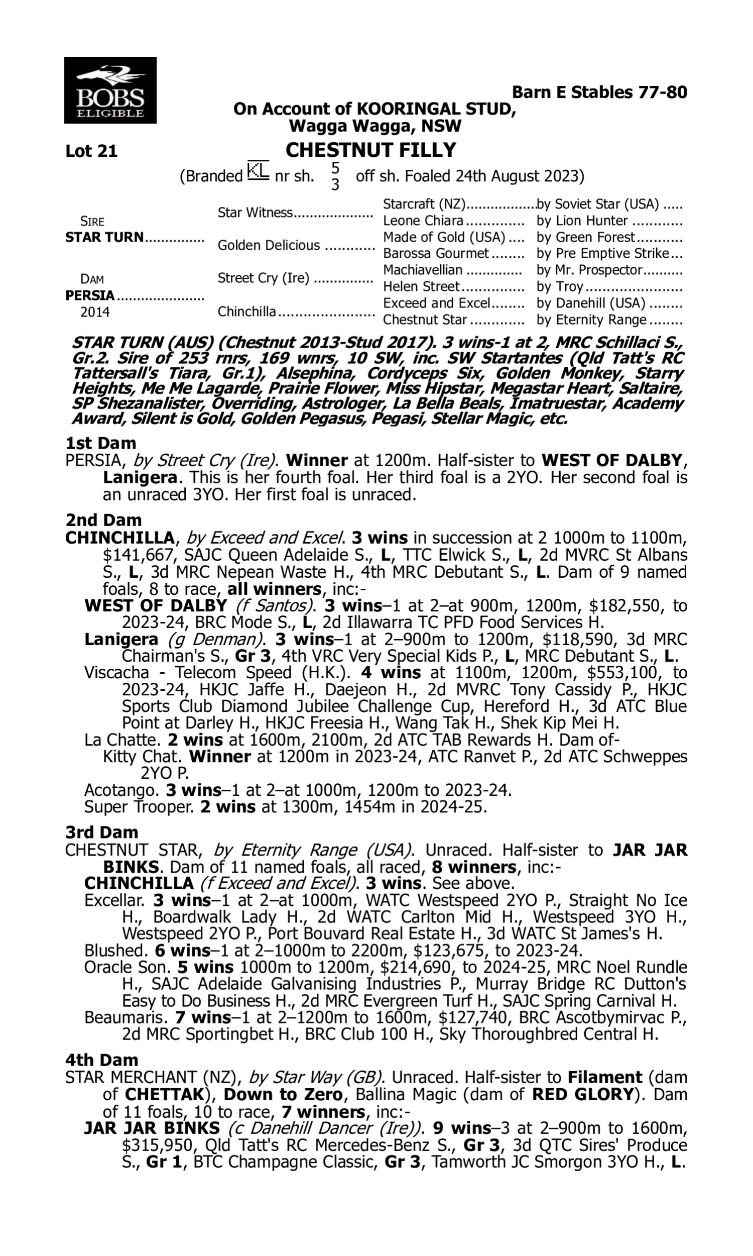 Pedigree for Lot 21 Star Turn - Persia