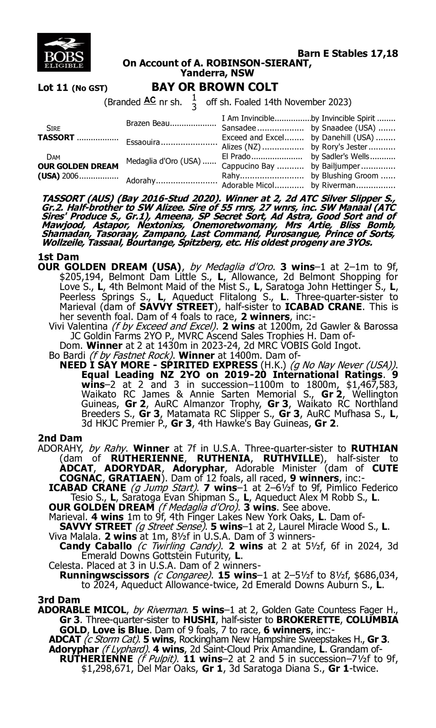 Pedigree for Lot 11 Tassort - Our Golden Dream (USA)