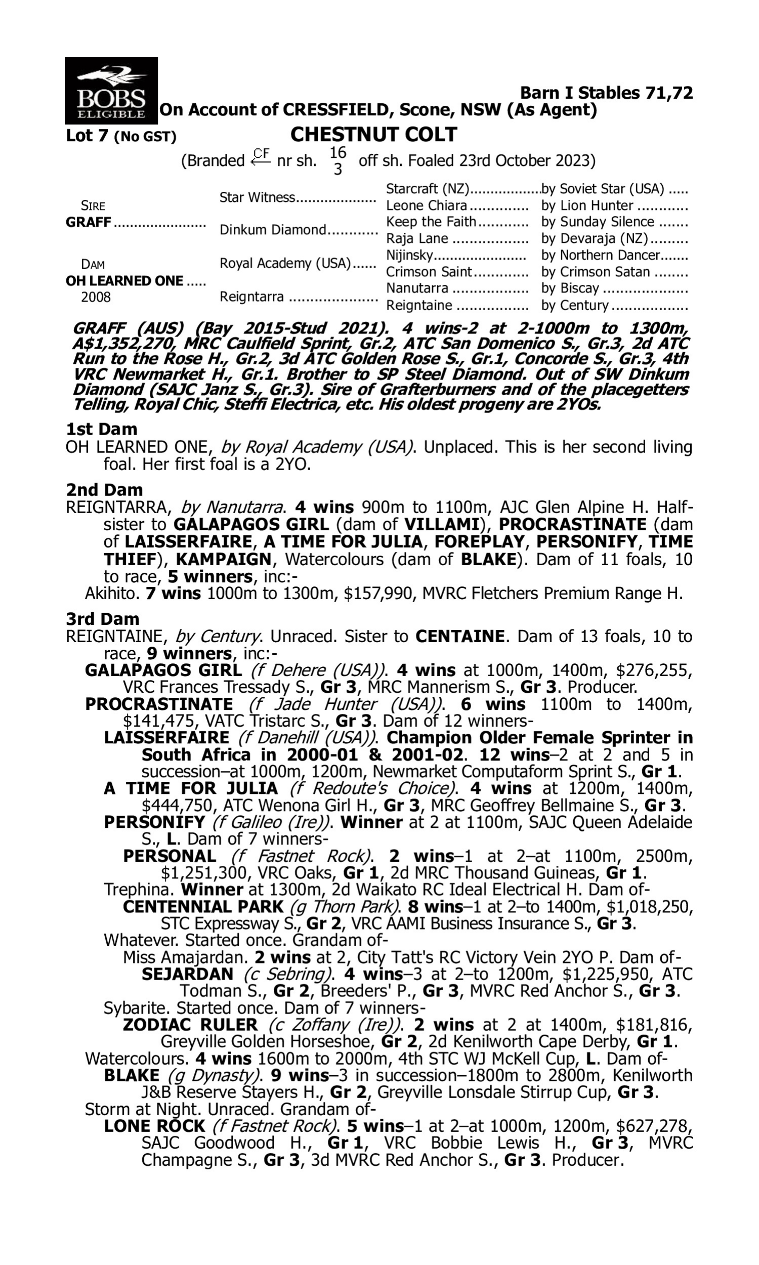 Pedigree for Lot 7 Graff - Oh Learned One