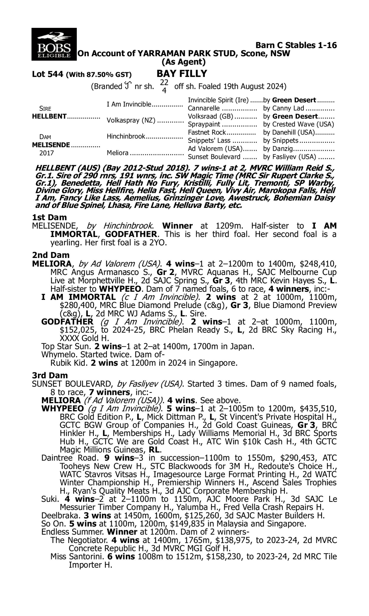 Pedigree for Lot 544 Hellbent - Melisende