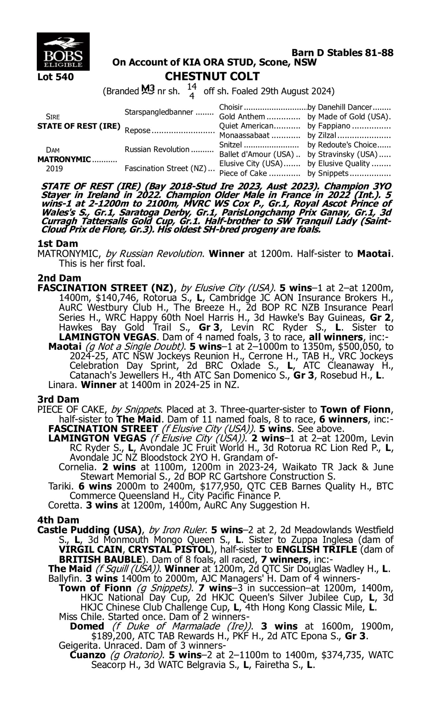 Pedigree for Lot 540 State of Rest (IRE) - Matronymic