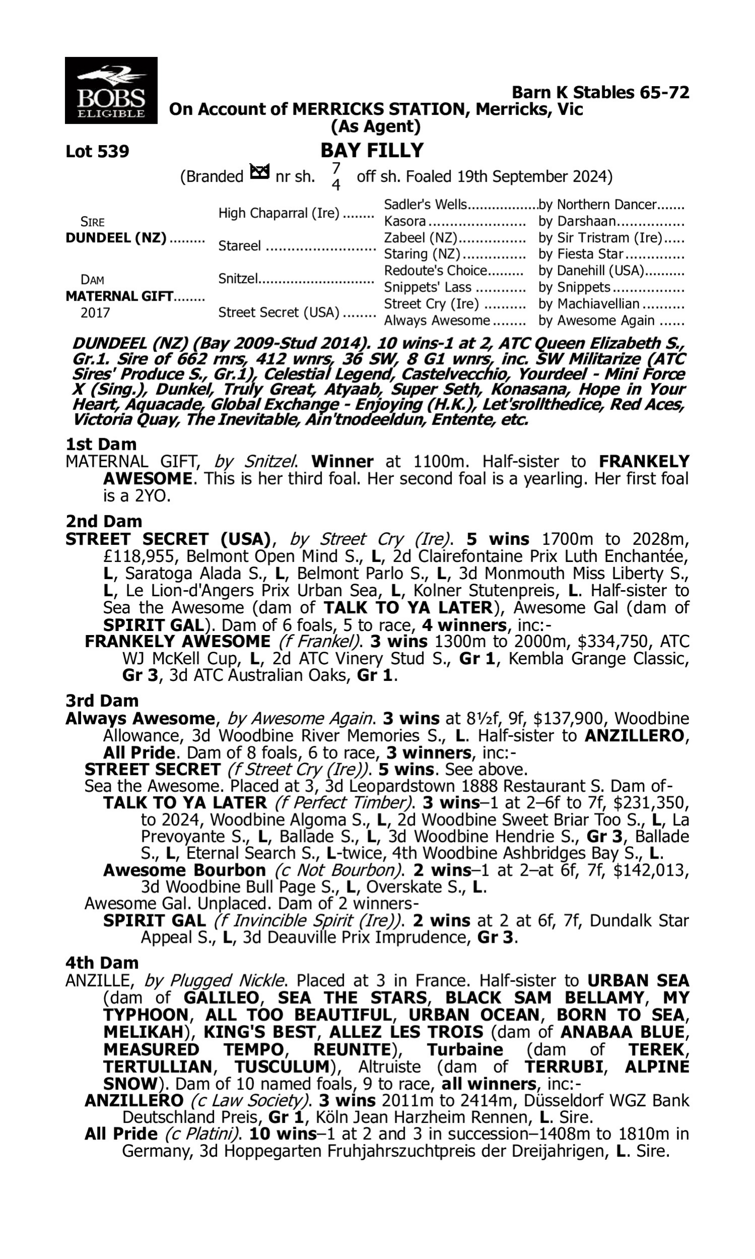 Pedigree for Lot 539 Dundeel (NZ) - Maternal Gift