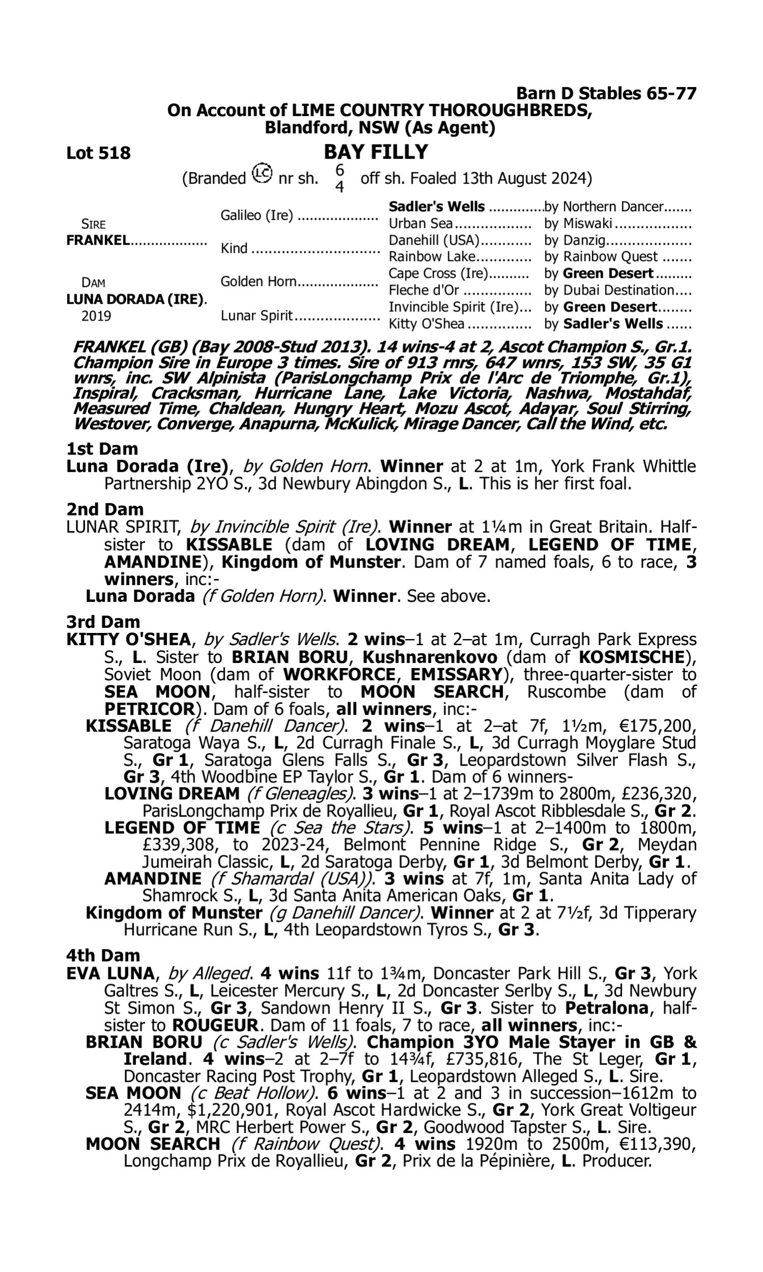 Pedigree for Lot 518 Frankel (GB) - Luna Dorada (IRE)