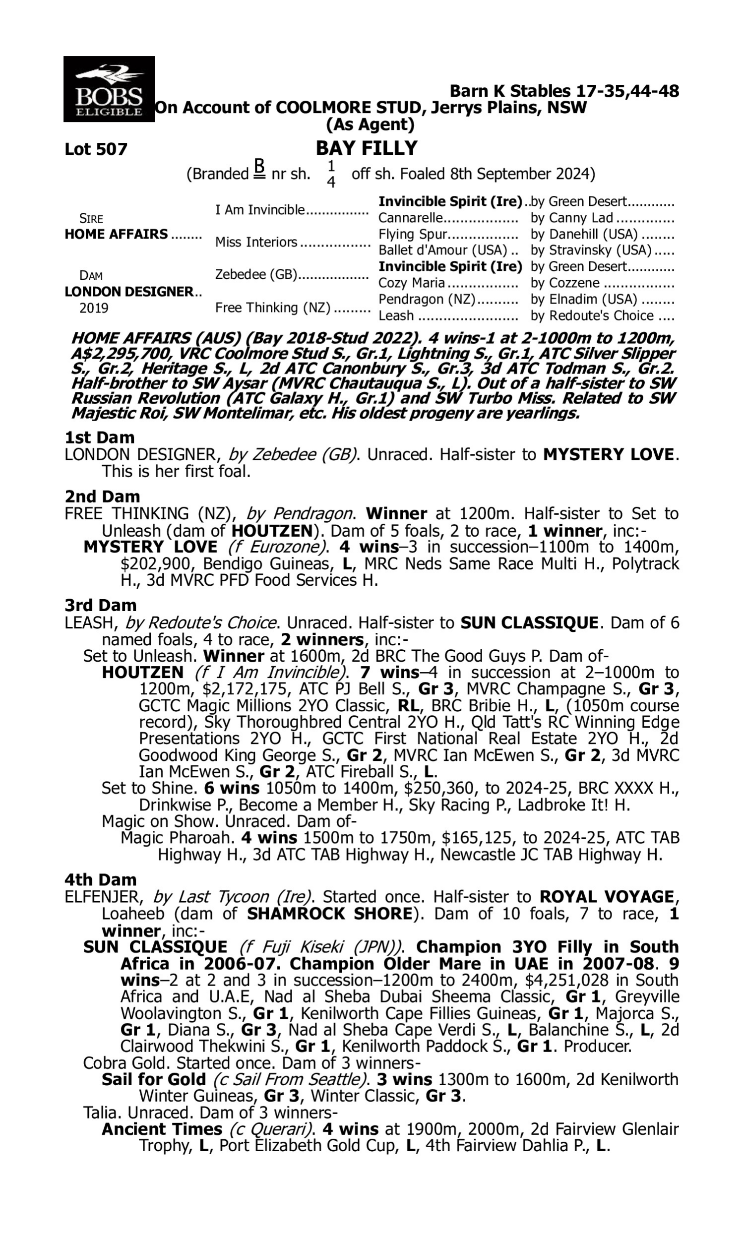 Pedigree for Lot 507 Home Affairs - London Designer