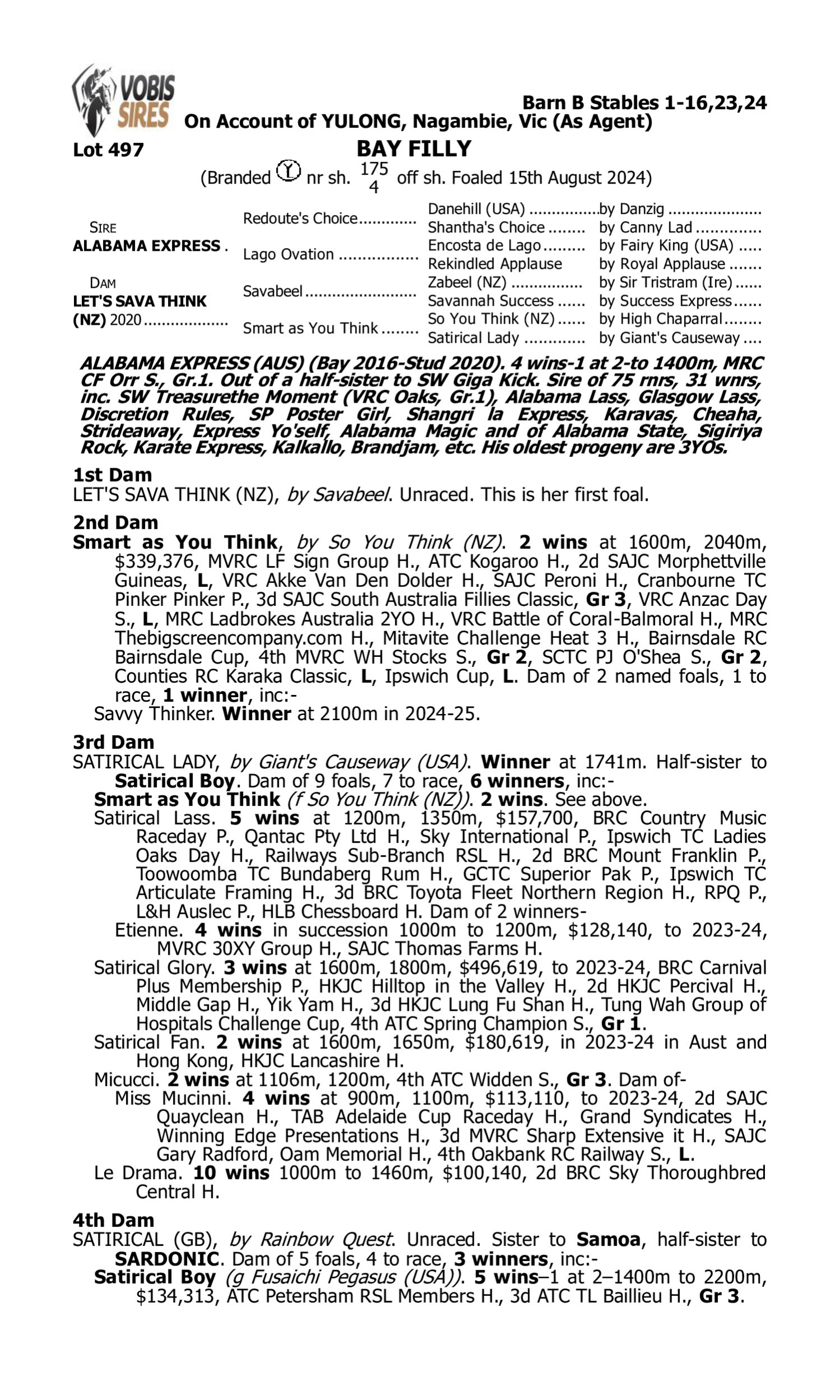 Pedigree for Lot 497 Alabama Express - Let's Sava Think (NZ)