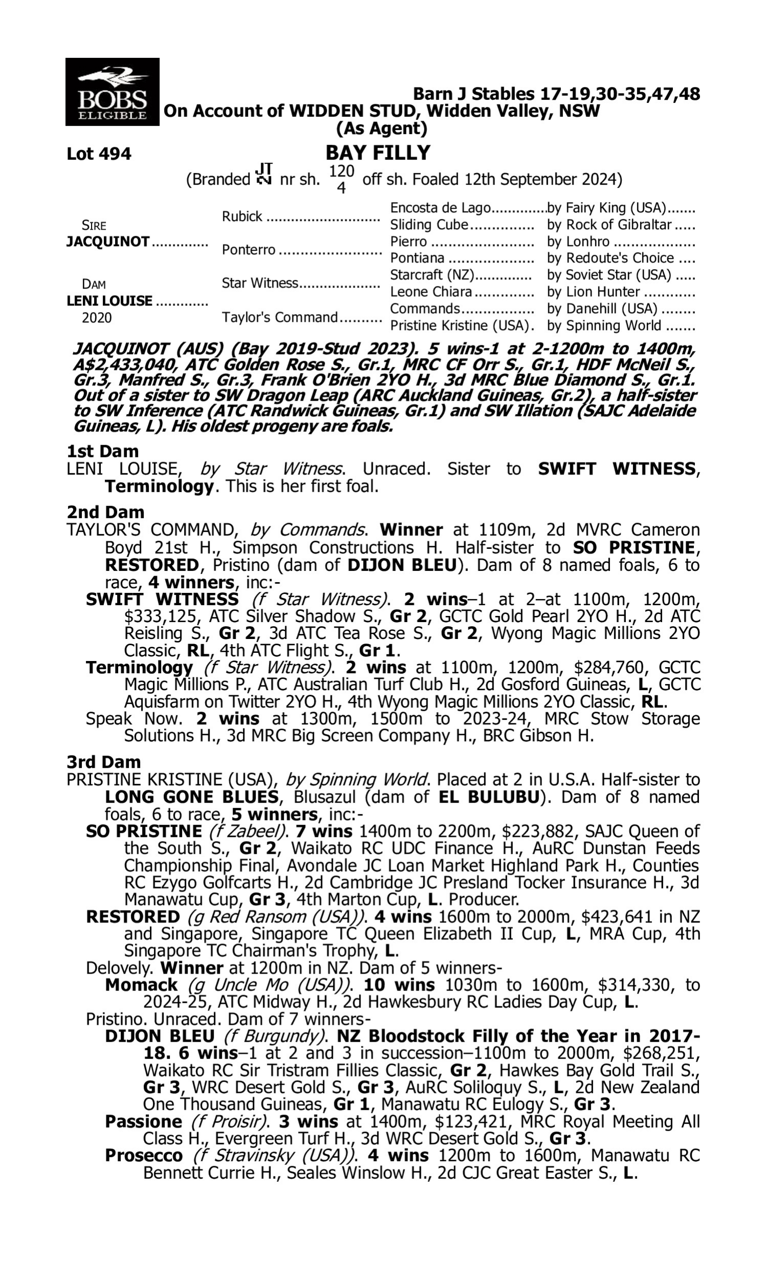 Pedigree for Lot 494 Jacquinot - Leni Louise