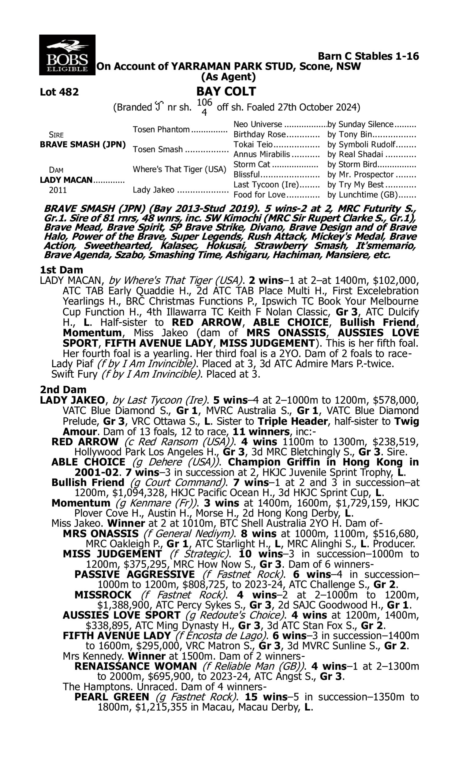 Pedigree for Lot 482 Brave Smash (JPN) - Lady Macan