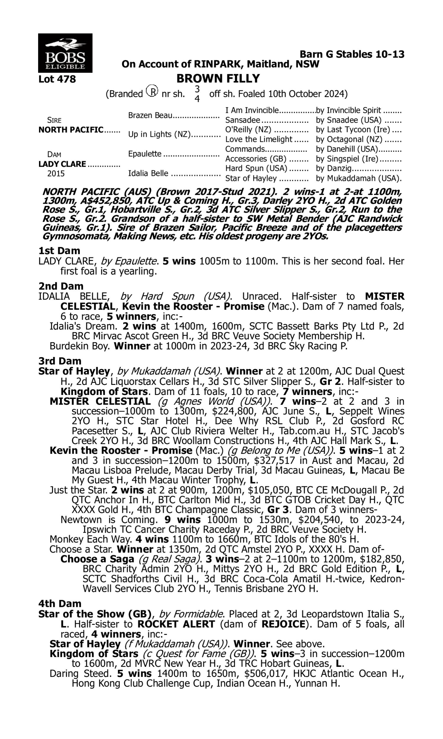 Pedigree for Lot 478 North Pacific - Lady Clare