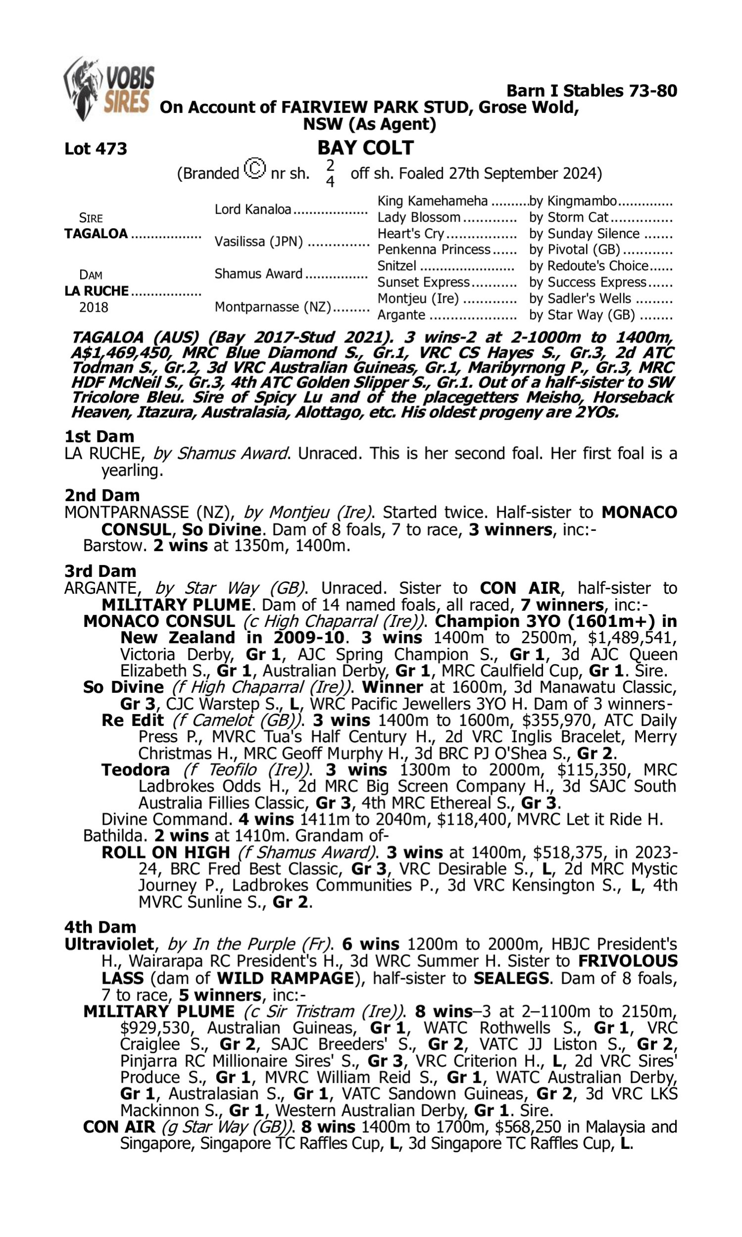 Pedigree for Lot 473 Tagaloa - La Ruche